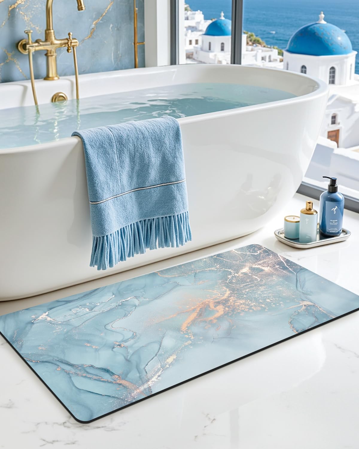 Tapis de bain nappa bleu DEXI 43x109 cm grand format absorbant pour douche