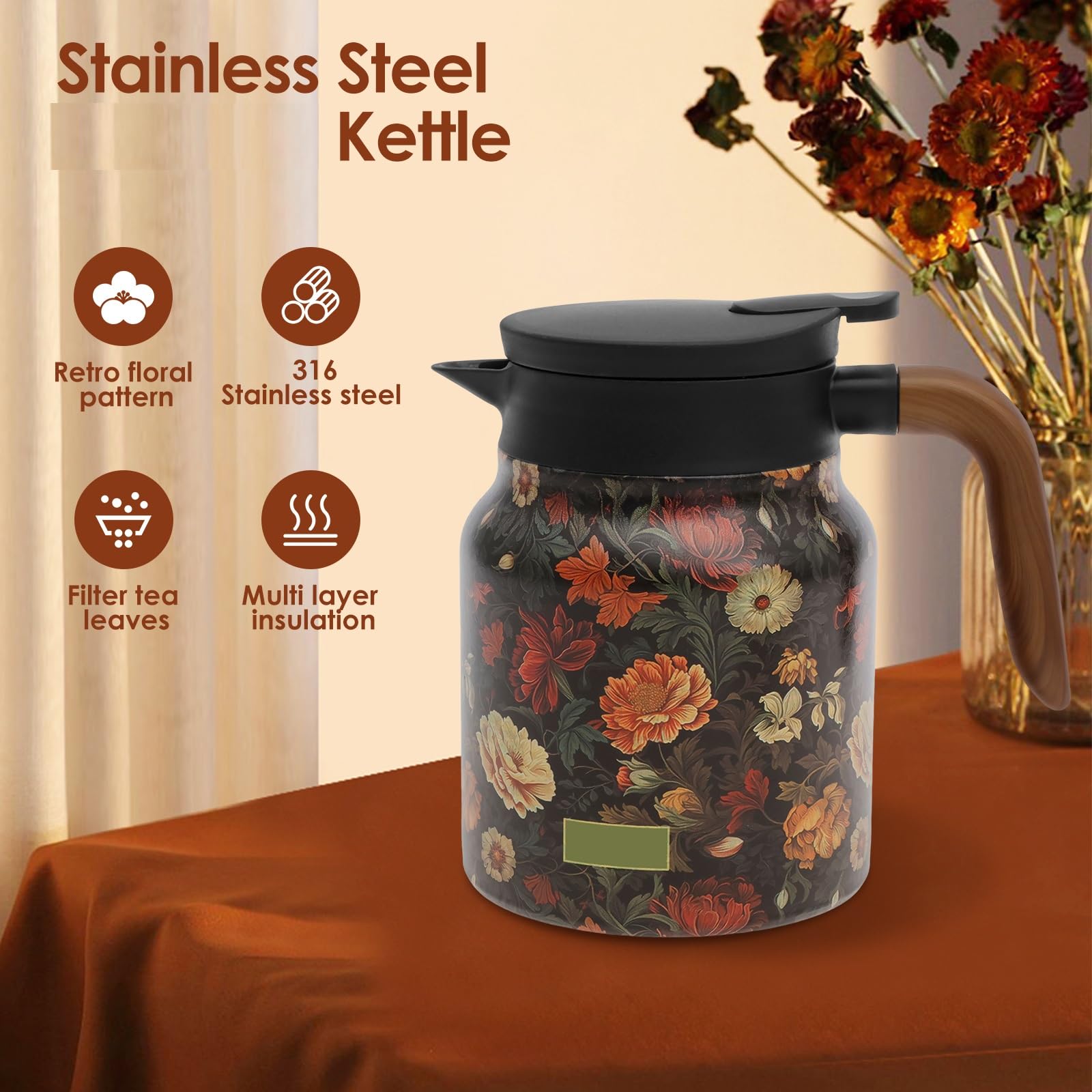 Amazon.com: 1000ml Vintage Floral Pattern Tea, Thermal Tea Pot