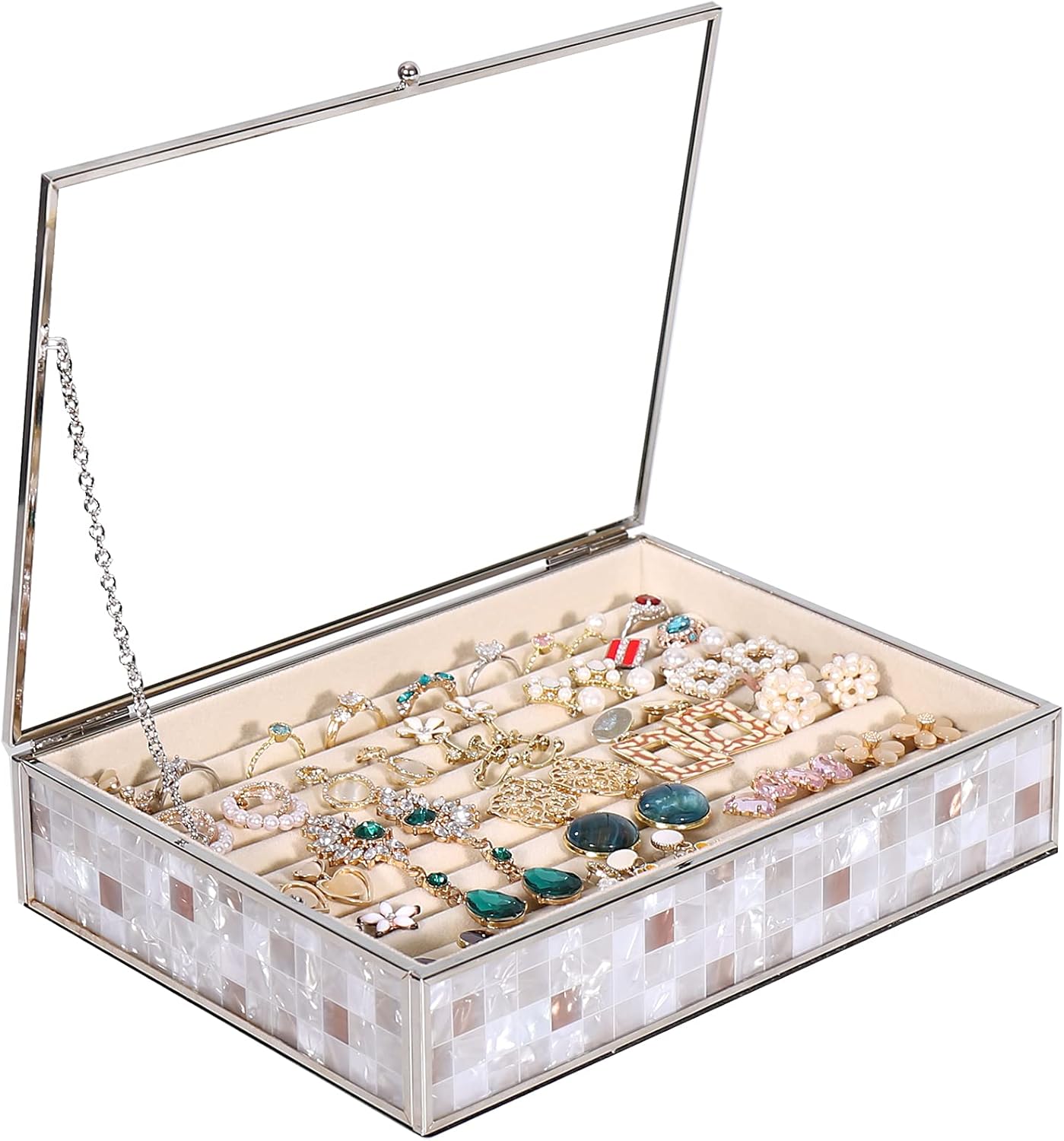 Clear Glass Jewelry Box with Velvet Tray, Modern Jewelry Organizer with Lid, Dust-Proof Metal Sliver Jewellery Display for Earring Ring, Great in Bedroom, Dresser and Vanity (30 Grids): Home Improvement