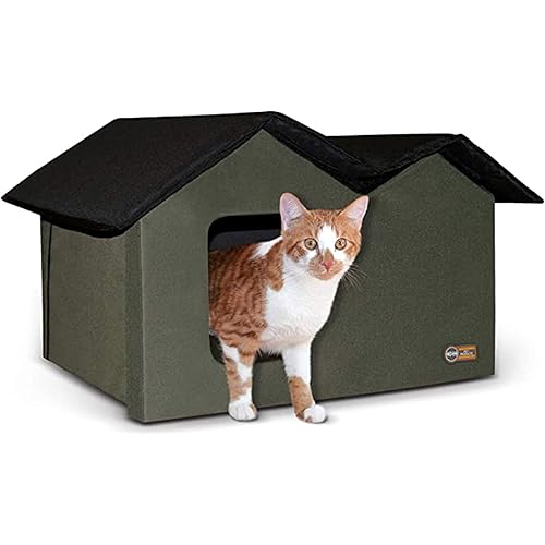K&H Pet Products Extra-Wide Outdoor Cat House for Outside Pets, Weatherproof Outdoor House for Large Cats, Insulated Kitty Shelter, 2 Doors, Waterproof Removable Floor Pad, Unheated - Olive