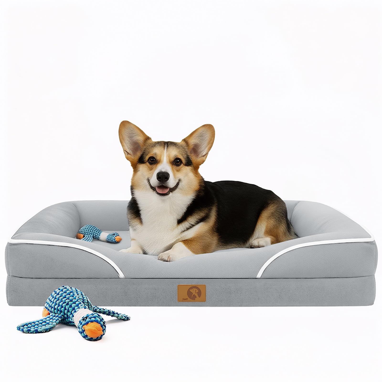 L'AGRATY Lettino ortopedico per cani grande, in memory foam, impermeabile, con lati e schiuma a forma di uovo, con fodera rimovibile in velluto a coste lavabile e con giocattolo da masticare, grigio