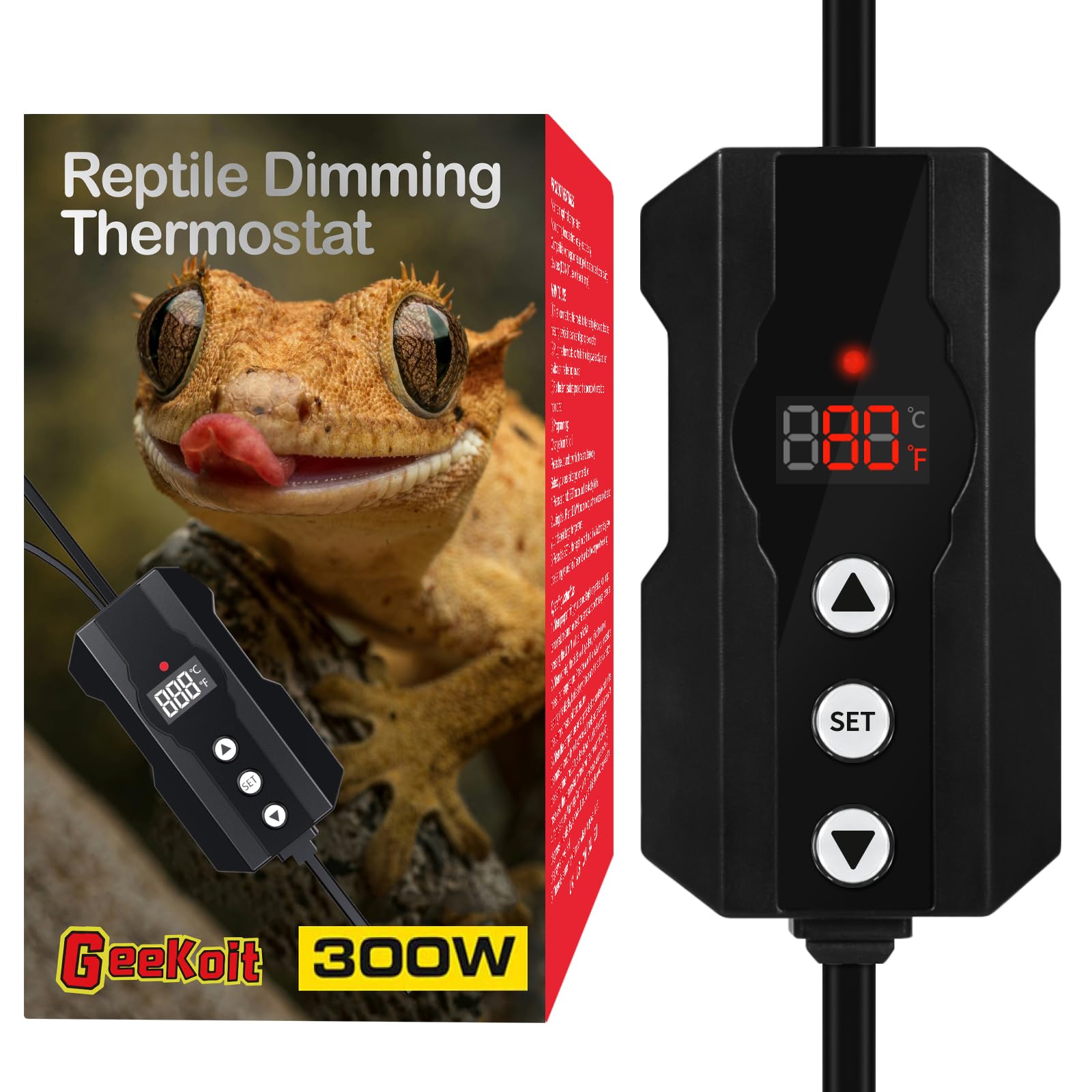 Reptile Dimming Thermostat, Temperature Controller, 300W, Extend Bulb Life, Ideal for Use with Heat Lamp, Digital Thermostat for Reptiles Tank, Designed Specifically for Light-Emitting Heater