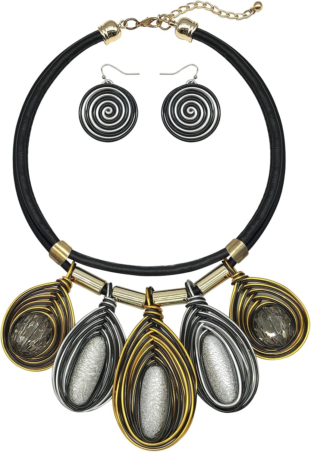 Chunky African Jewelry Statement Necklace For Women Tribal Fashion Costume Earring Set Unique Rhinestone Crystal Gold Wire Wrapped Big Wood Pendent Collar Choker Bib Handmade