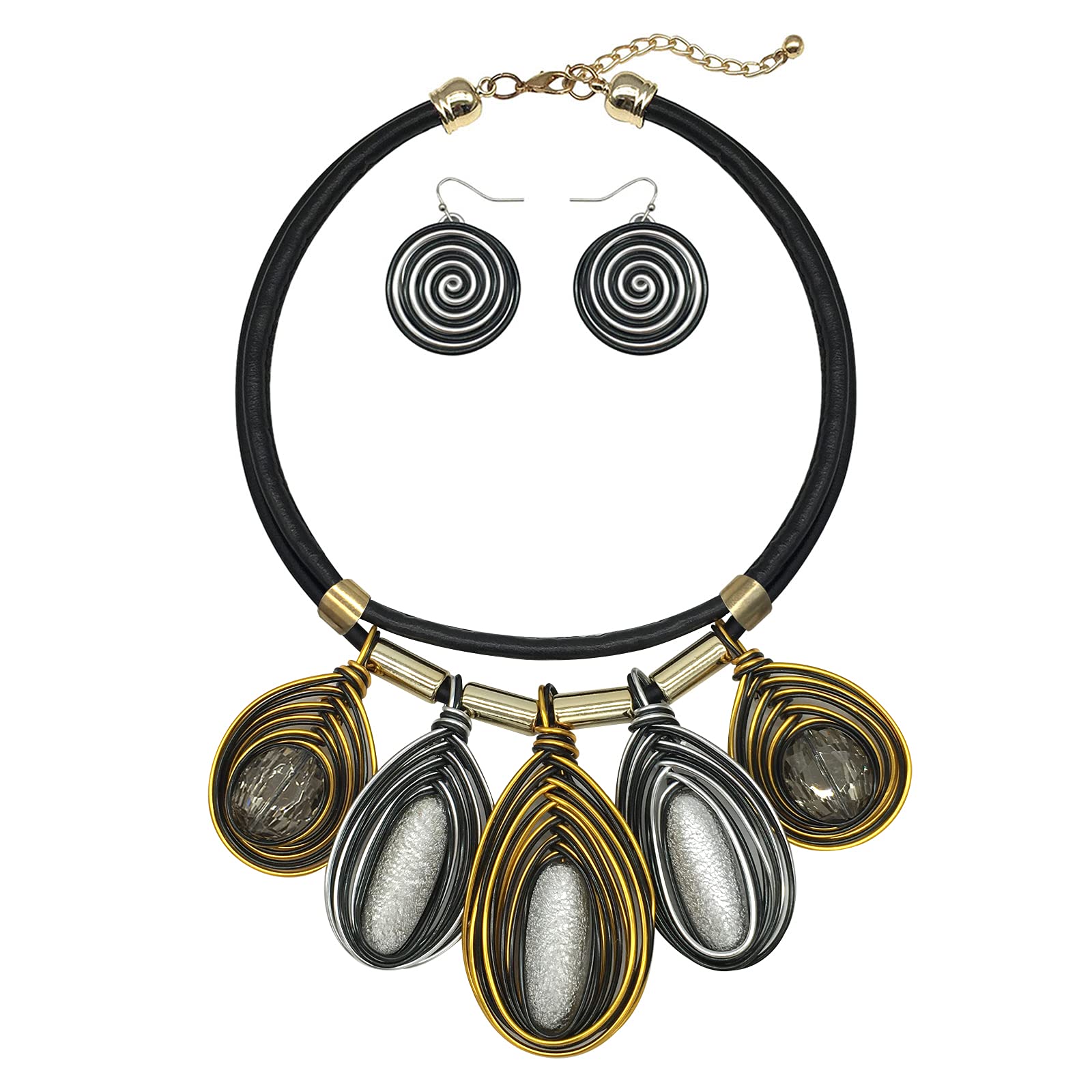 JHWZAIY Chunky African Jewelry Statement Necklace For Women Tribal Fashion Costume Earring Set Unique Rhinestone Crystal Gold Wire Wrapped Big Wood