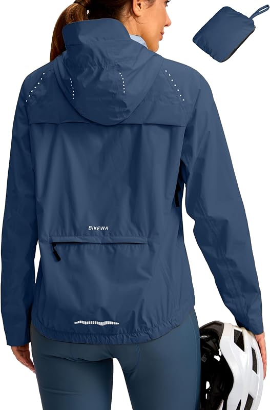 Bikewa-Chaquetas de lluvia para ciclismo para mujer, cortavientos impermeable, campera reflectante ligera para correr a prueba de viento, con capucha plegable