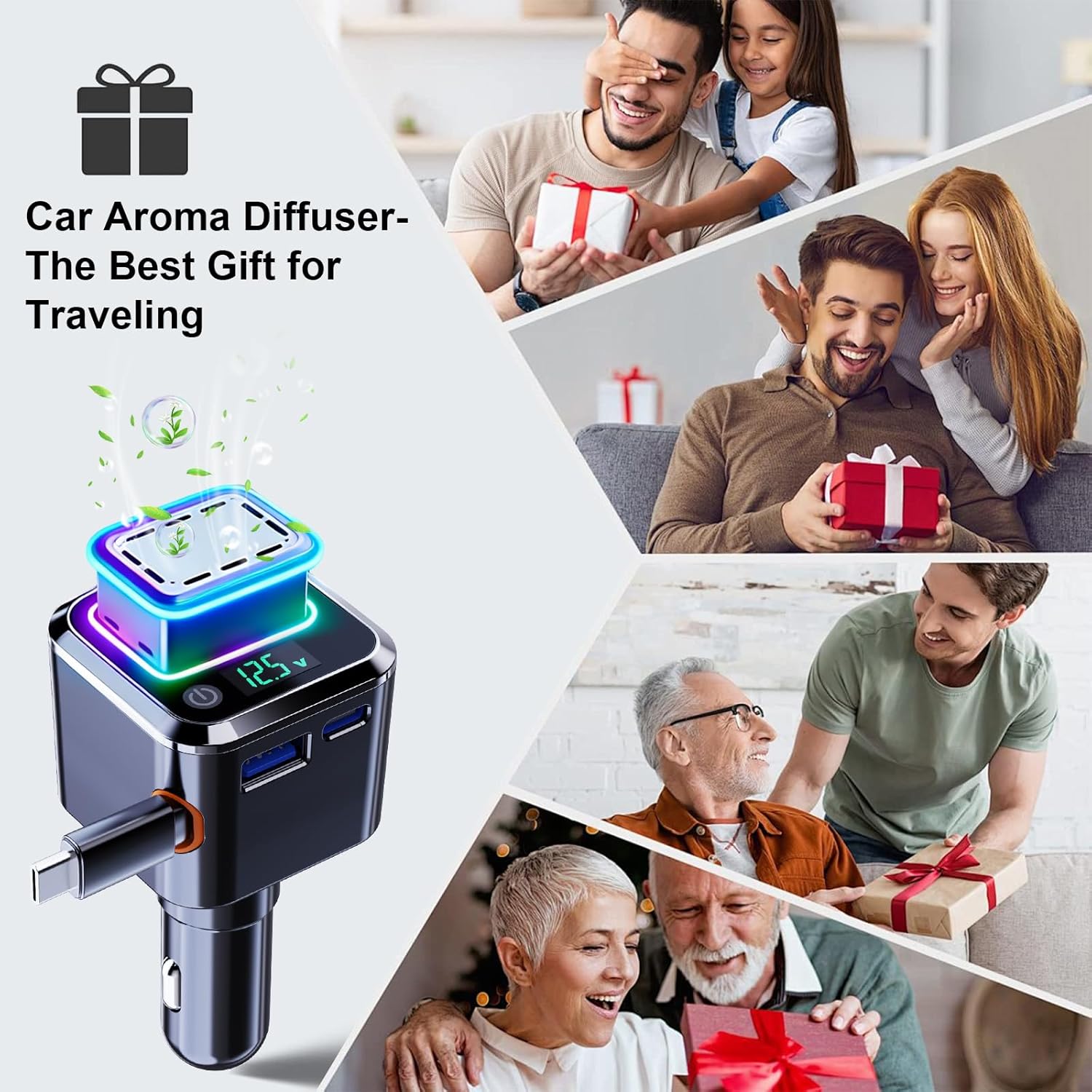 Car Aroma Diffuser,Smart Car Air Freshener, Retractable Car Charger USB C with Cool Mist Aromatherapy, Fast Charging 97.5W, Compatible with iPhone 17/16/15, Christmas Birthday Gifts for Traveler/Men