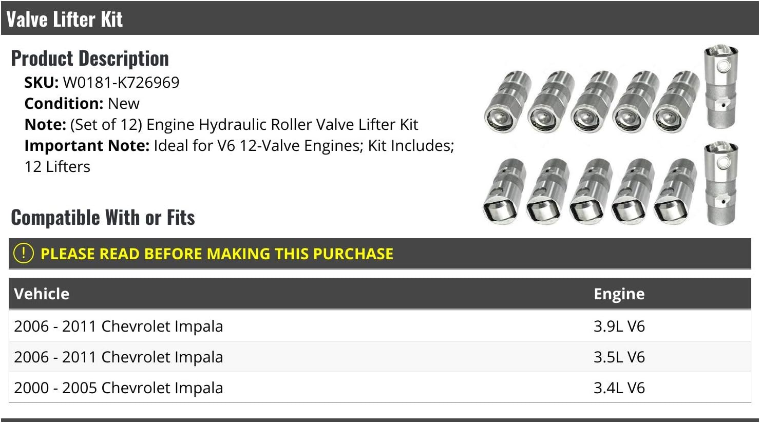 Hydraulic Roller Valve Lifter Kit - 12 Piece - Compatible with 2000-2011 Chevy Impala V6