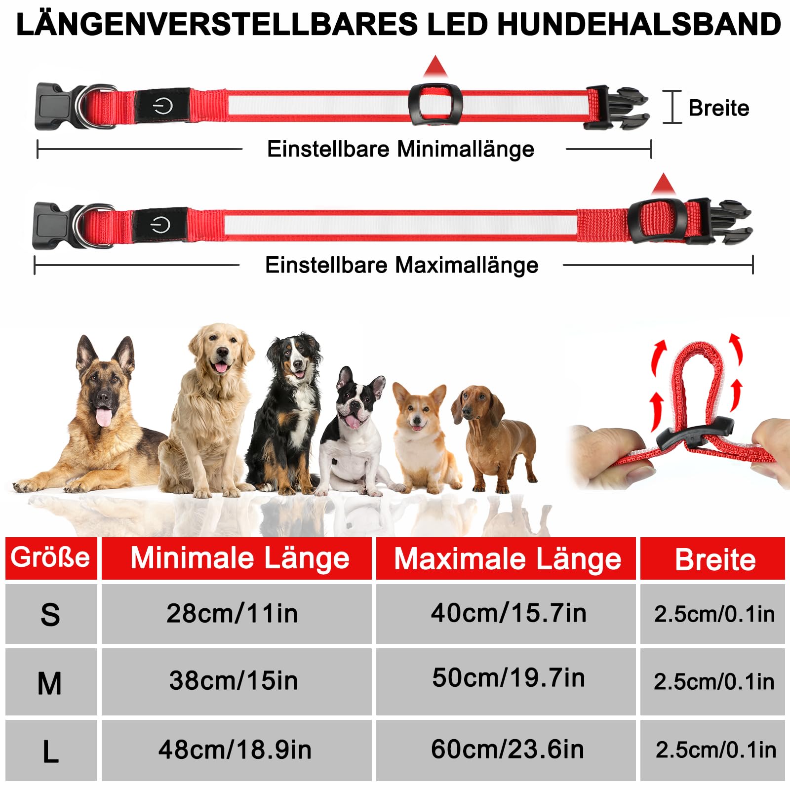 Nepfaivy Collare Luminoso per Cani Ricaricabile - Collare per Cani a Led con Lunghezza Regolabile, 3 Modalità di Illuminazione per la Sicurezza Notturna, Rosso