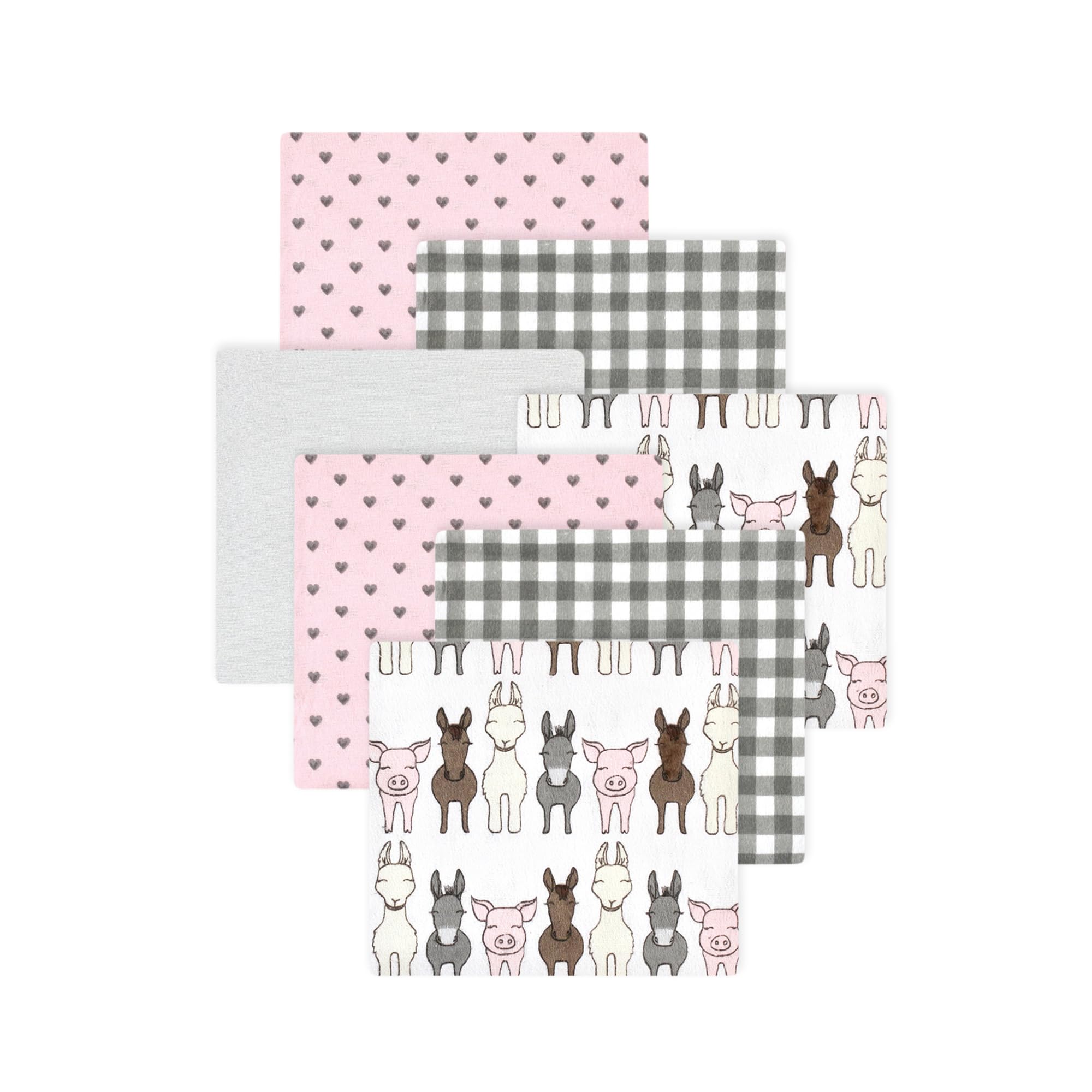 Little Treasure Hudson Baby Cotton Poly Flannel Receiving Blankets Multipack, Pink Farm Friends, 30x30 inches