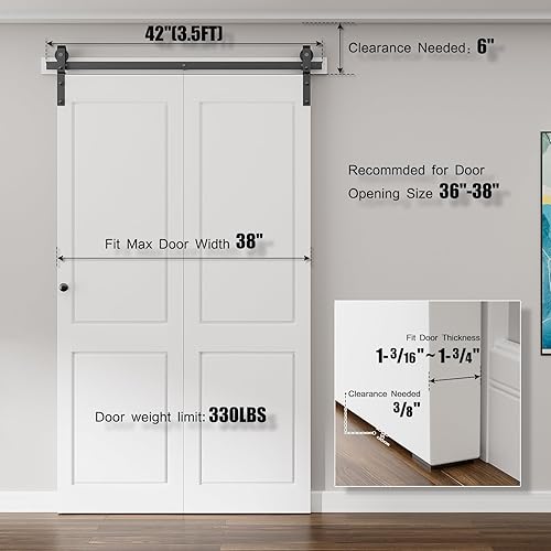Miniatura 5 de Kit de herrajes para puerta de granero plegable de 42 pulgadas, kit de rodillos de alta resistencia de 3.5 pies para puertas de 19 x 2 puertas,