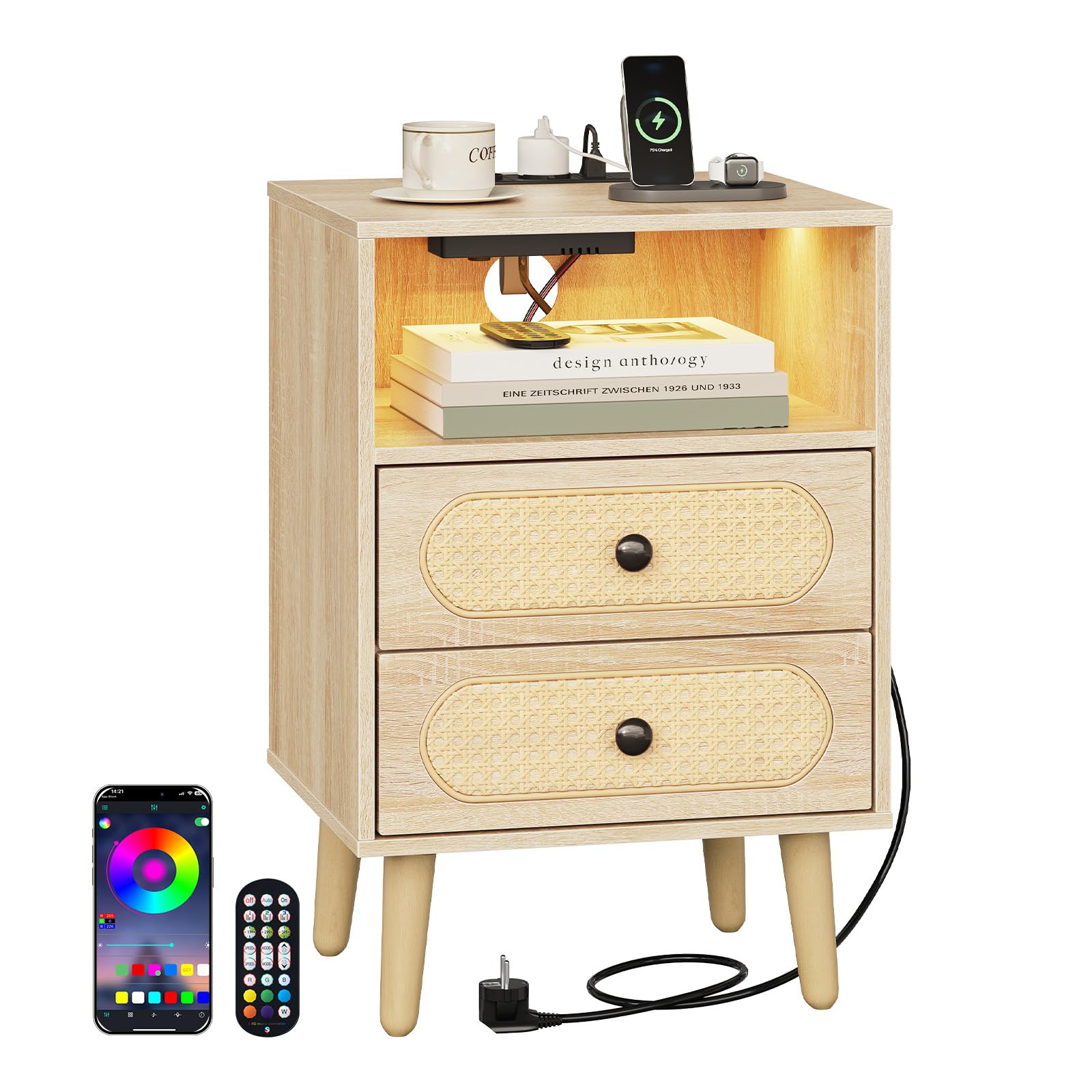 WOLTU Mesita de Noche con Luz LED, Mesa Auxiliar con Regleta