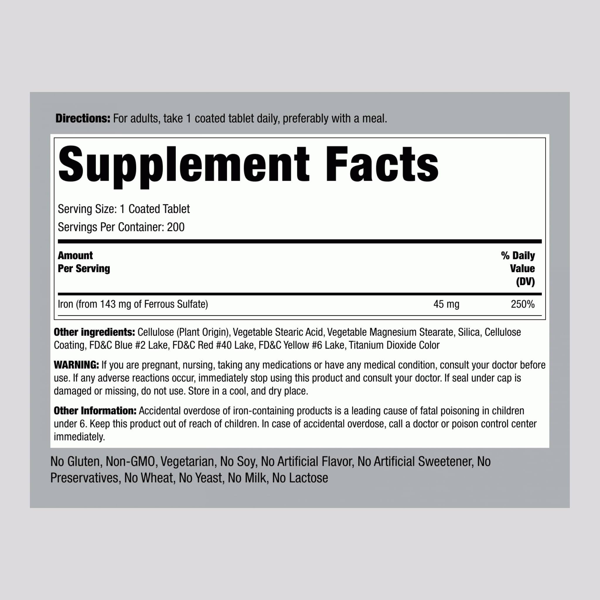 Piping Rock Iron Supplement 45 mg | 200 Vegetarian Tablets — Amazon image 2