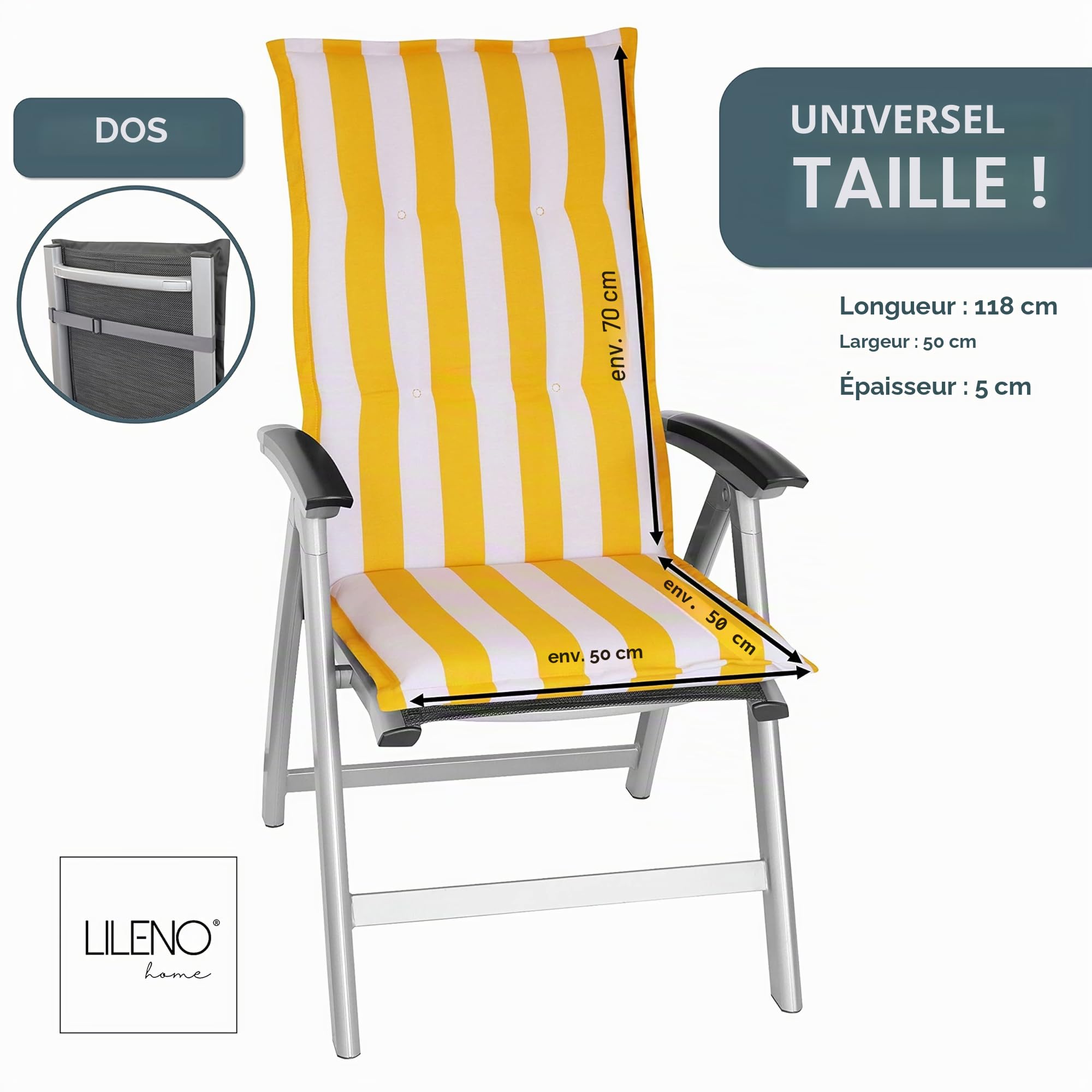 LILENO HOME Coussins pour chaise de jardin [1 pièce – à dossier haut], à rayures jaunes, chaises longues confortables comme coussins d'assise pour meubles de jardin et chaises pliantes