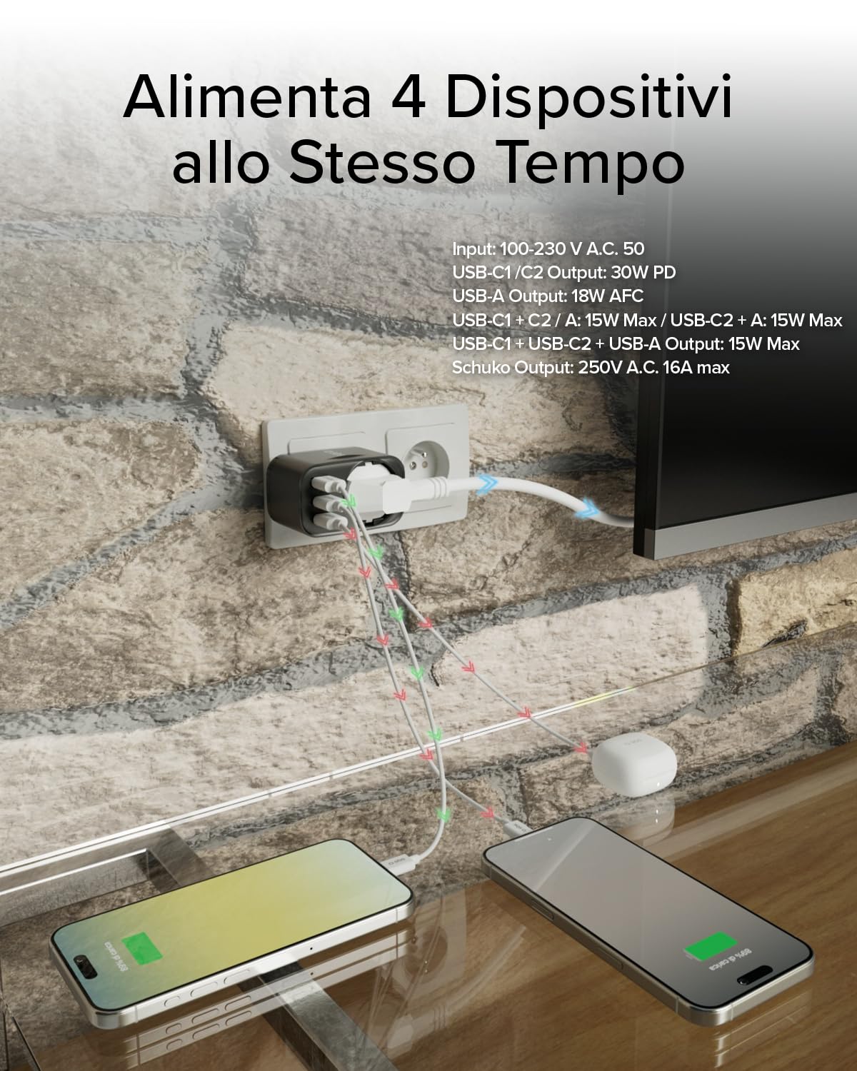SBS Alimentatore Multi-Socket USB-C USB-A, Presa Schuko Passante MAX 3500W | Power Delivery (PD 3.0 PPS) 30W, Ricarica Rapida, Caricabatterie per iPhone, Android, Tablet e MacBook Neo, Nero
