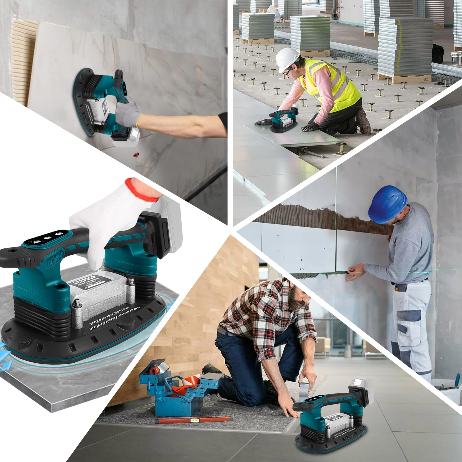 2 IN 1 Akku Fliesenrüttler & Saugnäpfen Kompatibel mit Makita 18V-Batterie, 6 Gang Einstellbaren, 400kg Adsorption Fliesen Vibrationsgerät Fliesenvibrator für 2,4m Fliesen Wandfliesen (Ohne Akku)