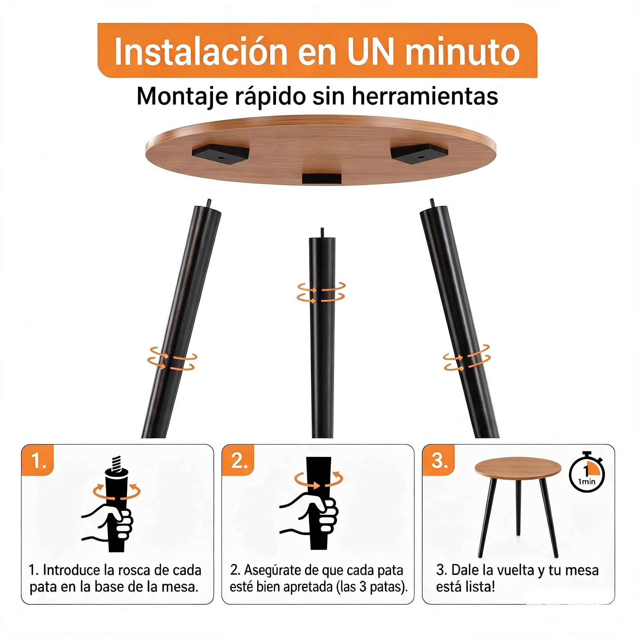 APICIZON Mesa auxiliar redonda de madera - Pequeña, fácil de montar, 42x42x51CM, estilo escandinavo, nogal para salón, dormitorio, balcón, cuarto de flores