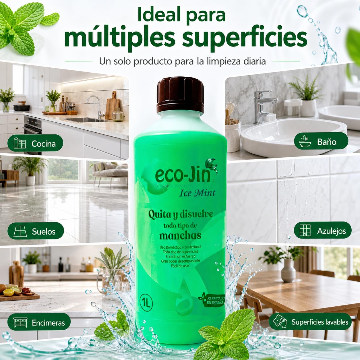 EcoJin Ice Mint 1L – Detergente Ecológico Concentrado Quitamanchas y Desengrasante Multiusos (6 unidades)