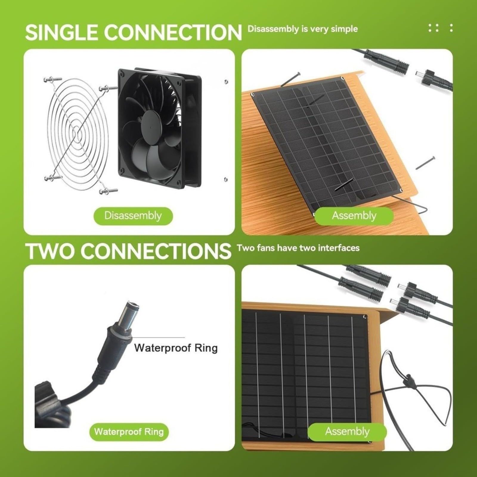Kit ventola di scarico solare da 15 W con 2 ventole, impermeabile IP65, per ventilazione di polli, serre, animali domestici, circolatore d'aria a basso rumore