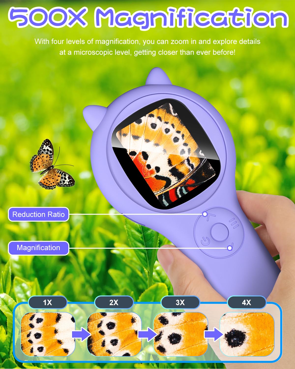 Mikroskop dla dzieci 500x ręczny wyświetlacz IPS 5,1 cm (2,0 cala) zabawka edukacyjna fioletowy