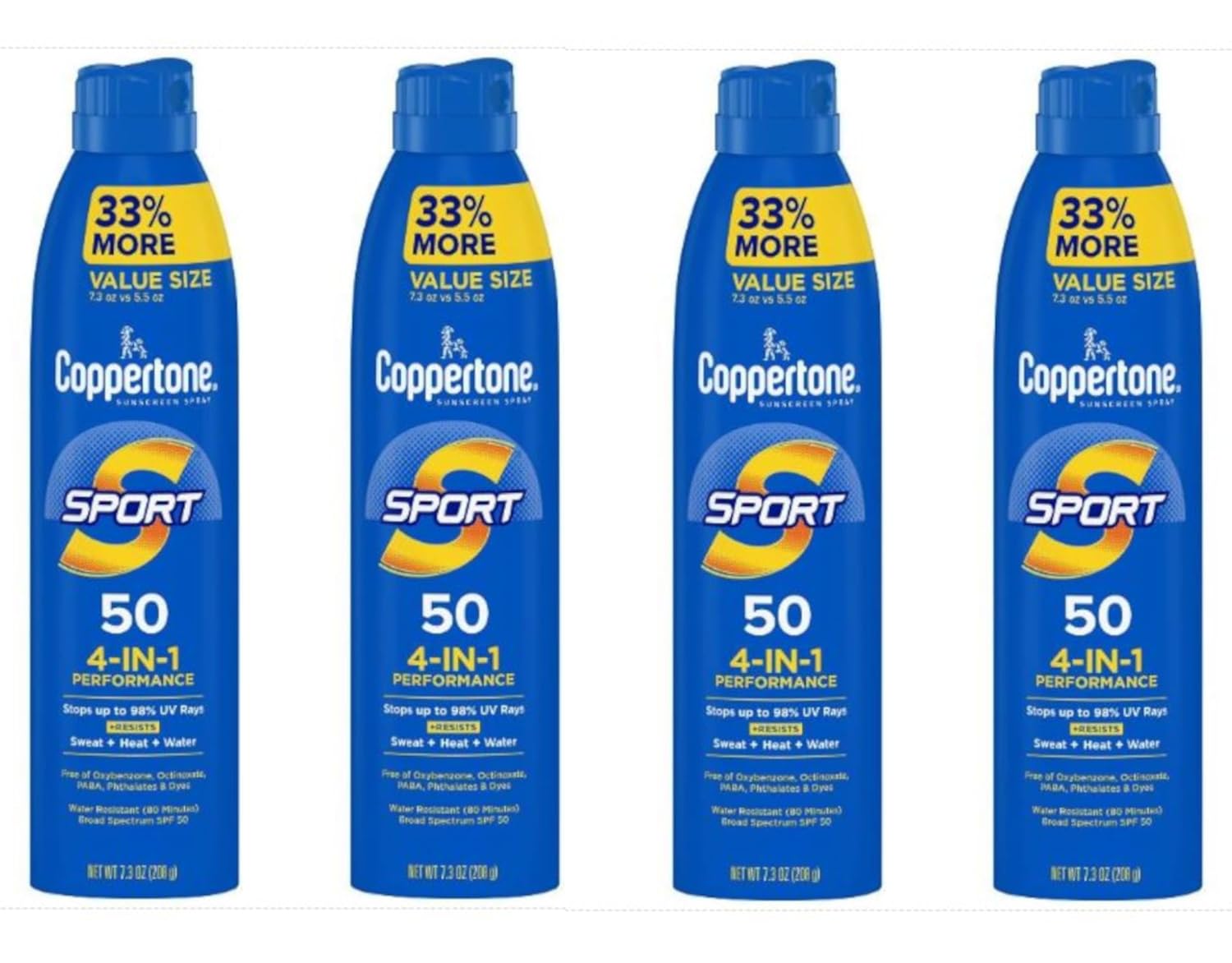 Coppertone Sunscreen Spray Sport SPF 50 4 in 1 Performance 80 Minute Water Resistant 7 3 oz Pack