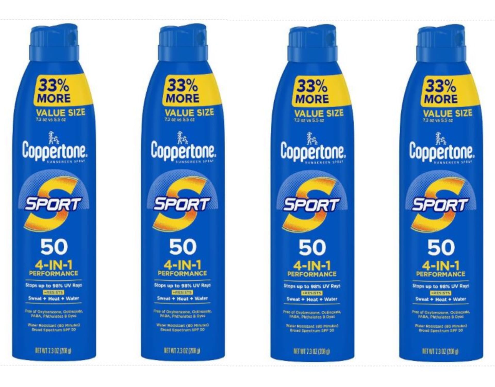 Coppertone Sunscreen Spray Sport SPF 50 4 in 1 Performance 80 Minute Water Resistant 7 3 oz Pack