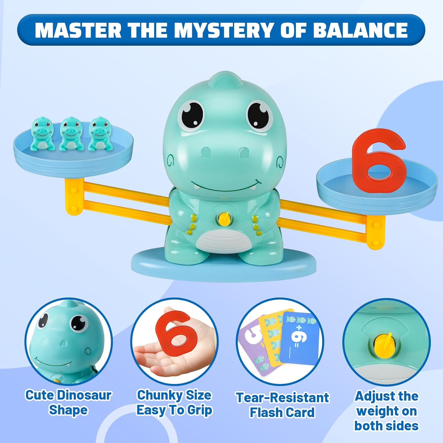 Dinosaur Math Balance Toy for Kids Ages 3-7, Montessori Number Blocks Learning & Educational Dinosaur Toys for Kids 3-5 and Math Games for Kids 5-7,Ideal Gift for Kids (Basic Blue)