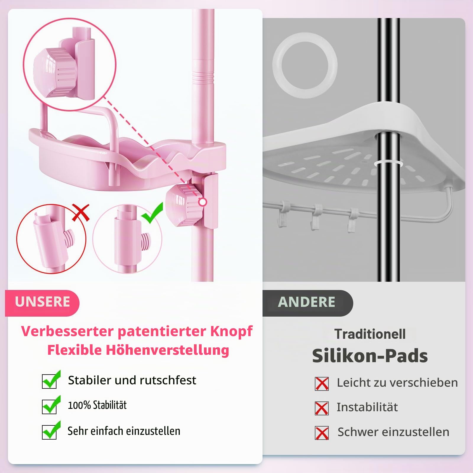 XLHOMO 81,3–309,9 cm Eck-Dusch-Caddy, Spannstange, rosa, rostfrei, bohrfreie Duschregale für Badezimmer, Badewanne, Waschbecken, Verstellbarer Dusch-Organizer mit 4 Ebenen, patentierten, stabilen