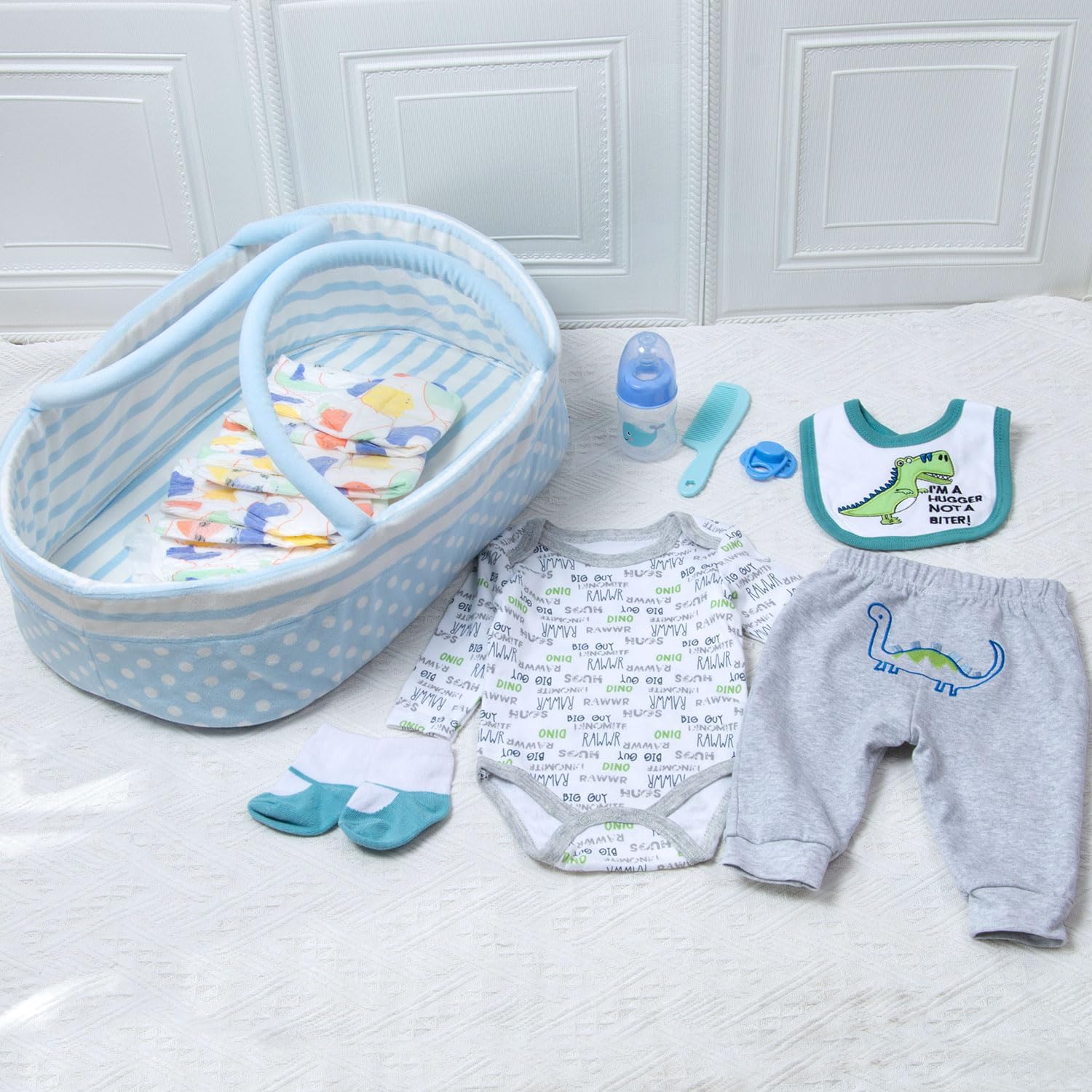 12Pcs Reborn Boy Baby Doll Clothes Accessories Dinosaur Clothes for Reborn Baby Doll 17-22 Inch Realistic Outfits with Bassinet Diapers Blue Newborn Doll Stuffs