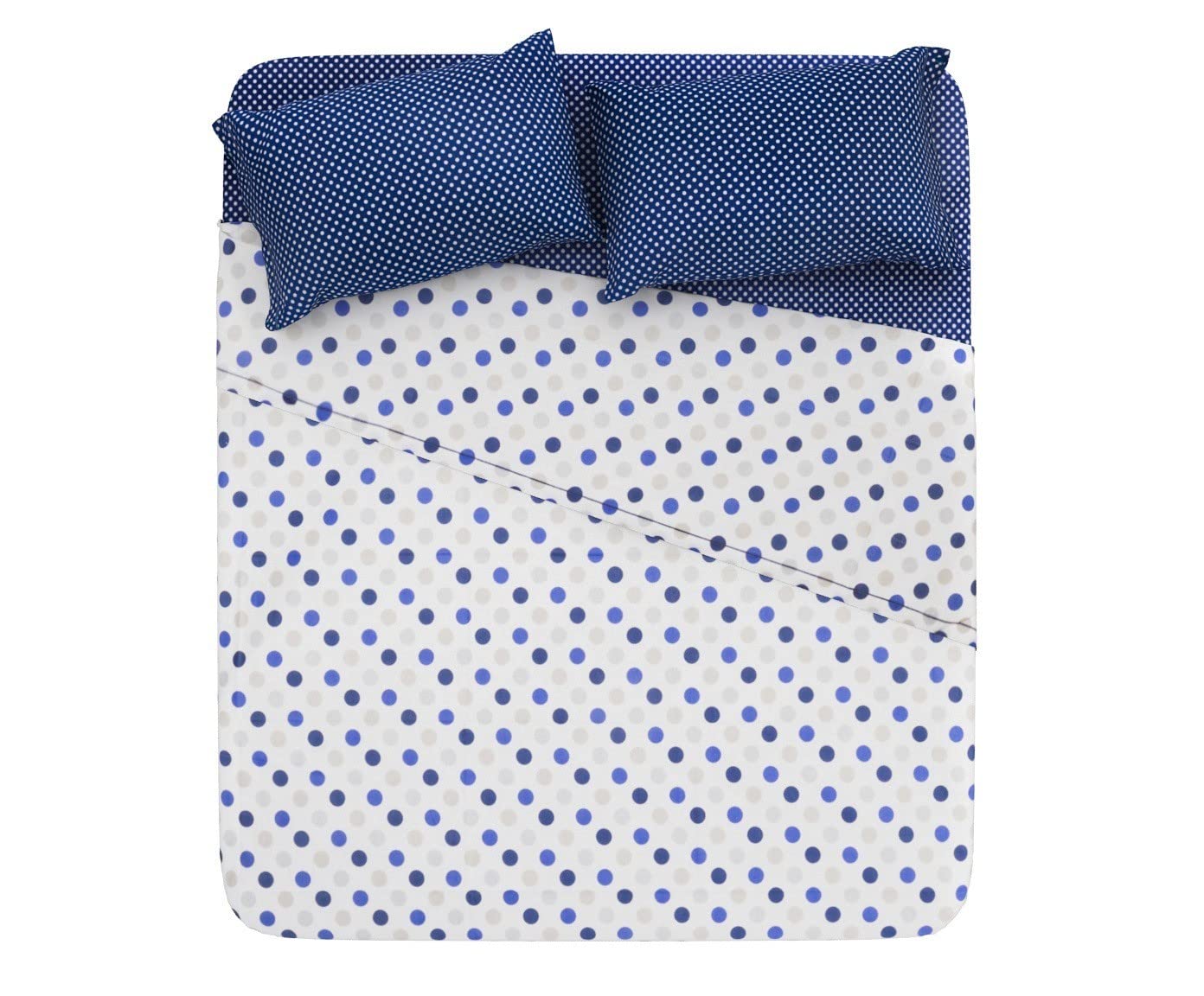 Juego de Sábanas Ropa Cama con Lunares Azules y Rojos, Estilo Moderno, 100% Algodón, Fabricado en Italia, Azul, 1 Plaza y 1/2