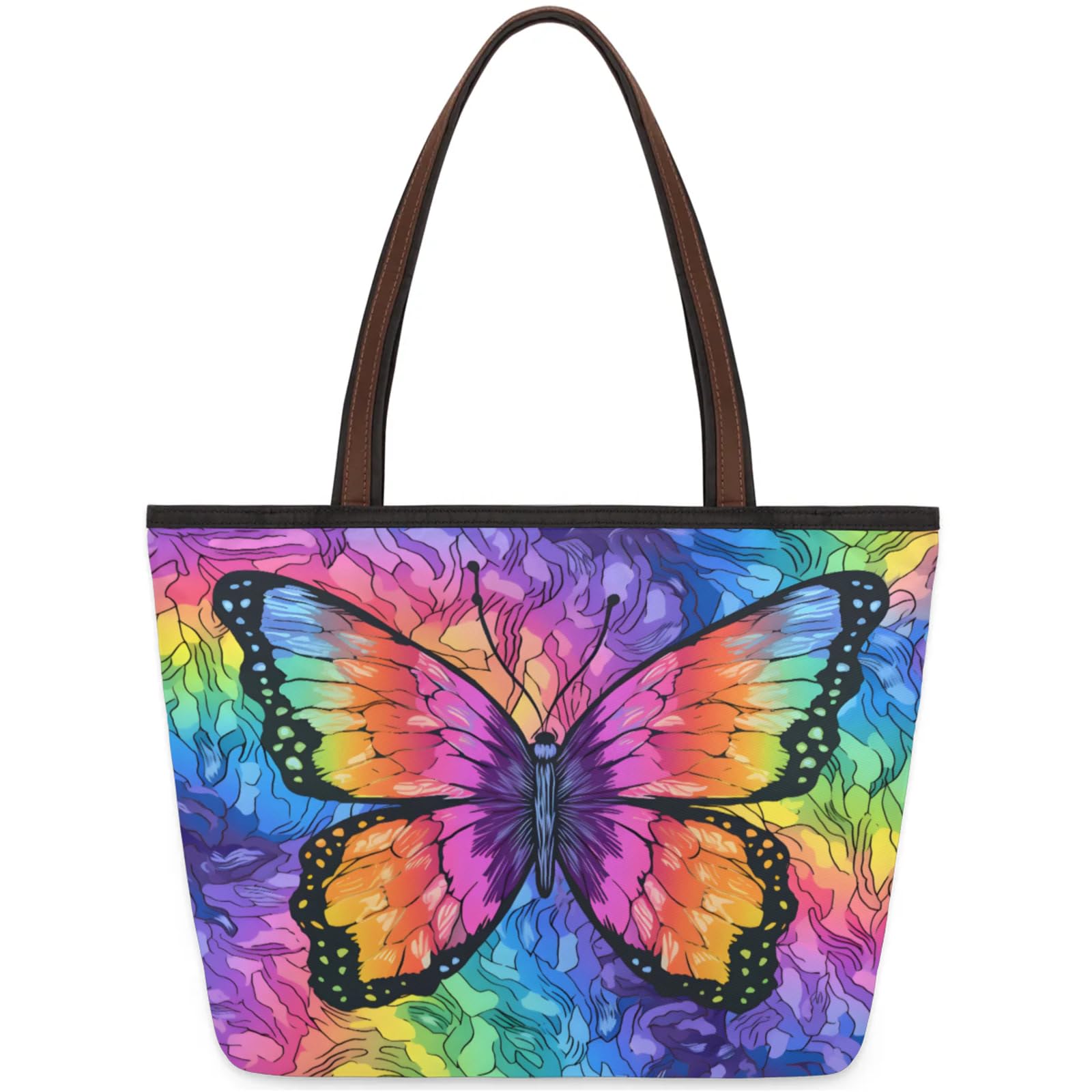 Colourful Abstract Butterfly Tote Bag Multi Pocket Zippered Beach Bag Lightweight Waterproof Handbag for Women Men Work Gym Travel Swimming Yoga Grocery Shopping L