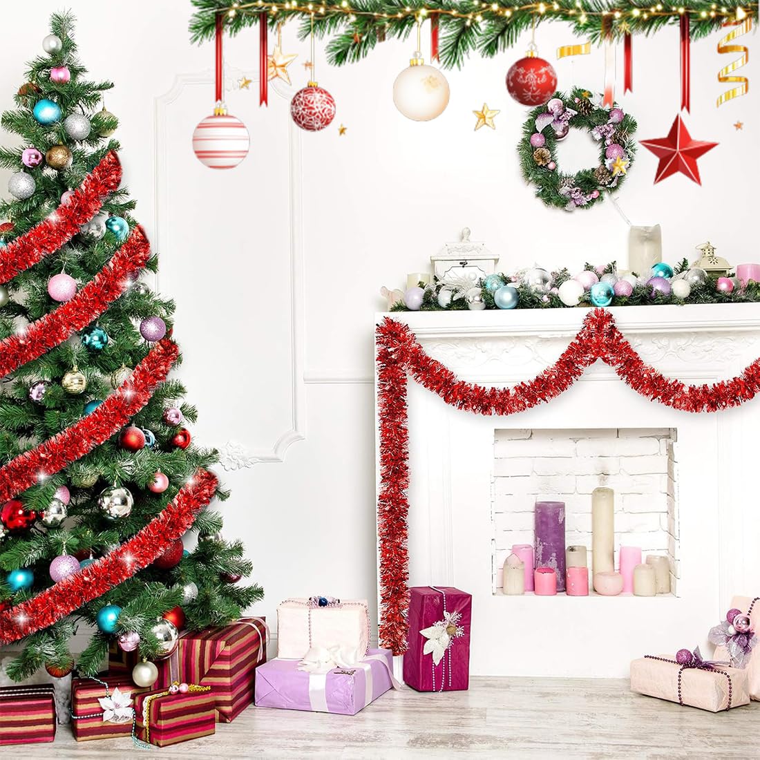 4 Piezas Espumillón de Navidad, Metálico Oropeles Brillantes Decoración, 2M, Guirnalda Brillante Metálica Decoraciones, para Árbol de Navidad Boda Fiesta Festival, Rojo