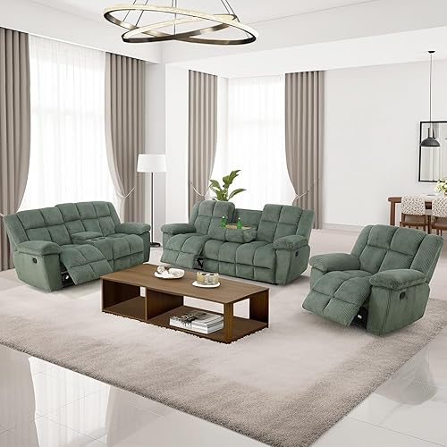 Green Corduroy Reclining Sofa Set for Living Room - Manual