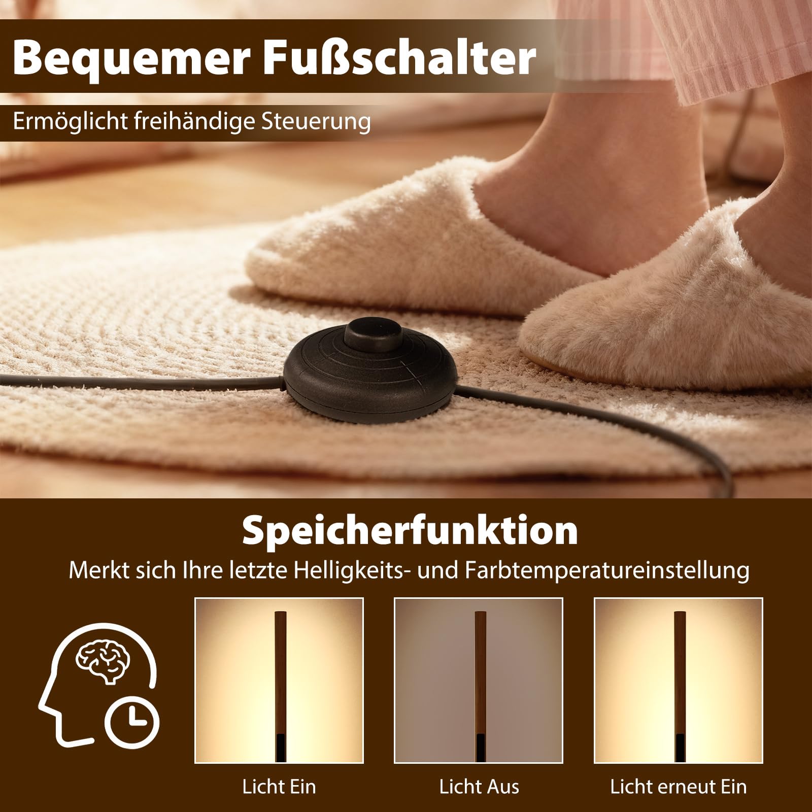COSTWAY 122cm LED Stehlampe Bambus, Standlampe mit Fußschalter & 3 Farbtemperaturen von 3000K-6000K, dimmbare Leselampe minimalistisch für Wohnzimmer, Schlafzimmer & Büro