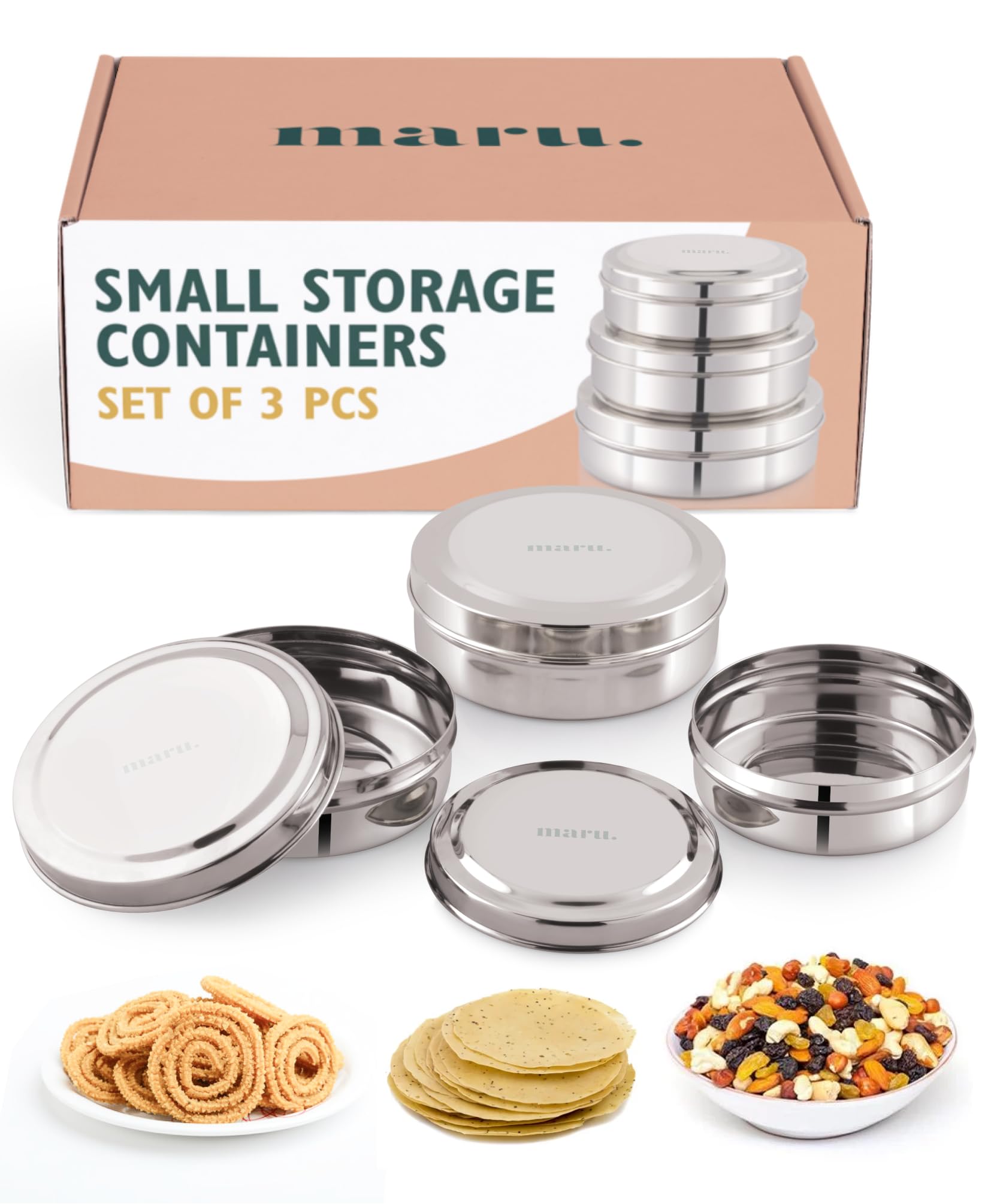 MARU Stainless Steel Airtight Food Storage Containers - Kitchen Set with Lids, Ideal for Flour Storage, Perfect Kitchen Canisters for Food Storage Set of 3Pcs (300ML, 475ML, 600ML)