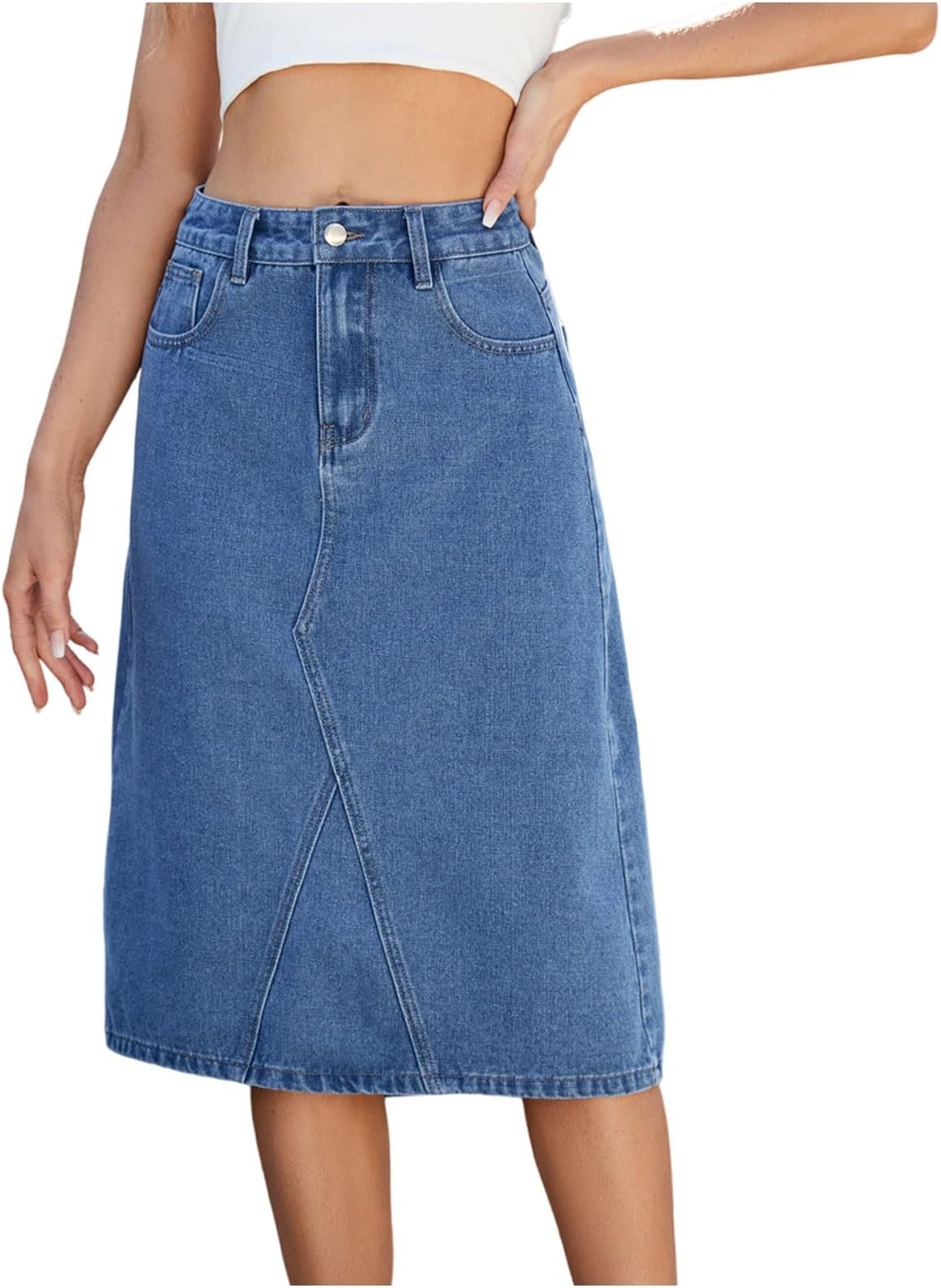 Denim Skirt with Pockets for Women UK Stretch Mid Wash Fitted A Line Skirts Ladies Elegant Bodycon Jeans Work Office Knee Length Skirts Flattering Slimming Midi Waisted Skirt Y2k Streetwear