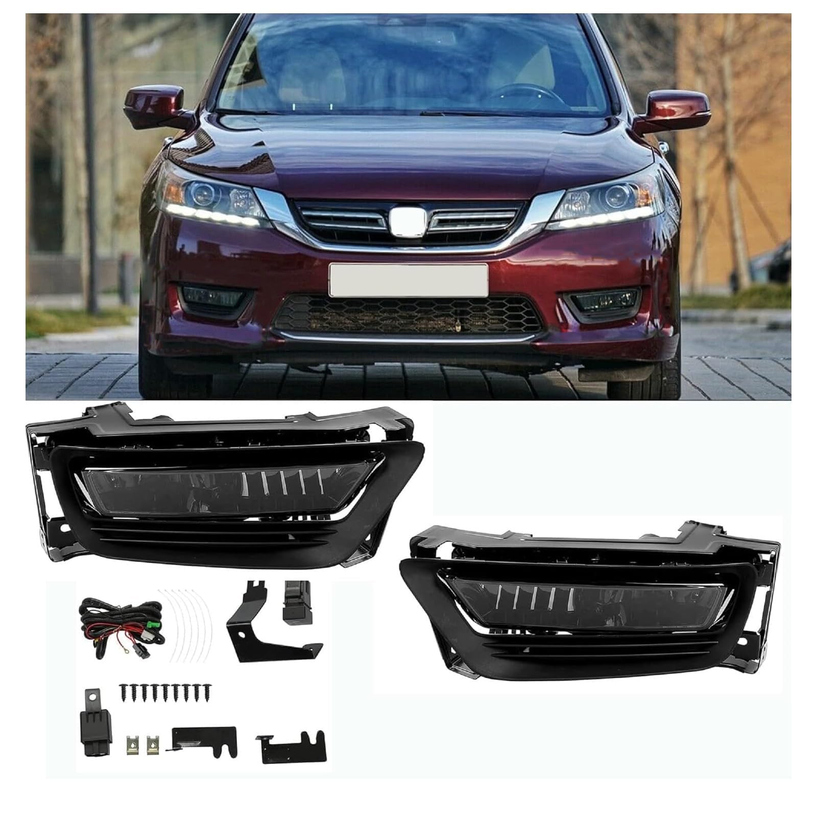 KUAFU Pair Fog Light Lamps 12v 55w Compatible with 2013-2015 Honda Accord Sedan W/Switch Assembly Driver & Passenger Side Smoke Lens Replace for