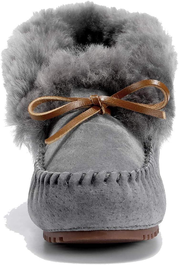 U-lite Women's Moccasin Slippers with Warm Wool Lining, Pigskin Leather Non-Slip Rubber Sole for Indoor and Outdoor Casual Winter Flat Shoes