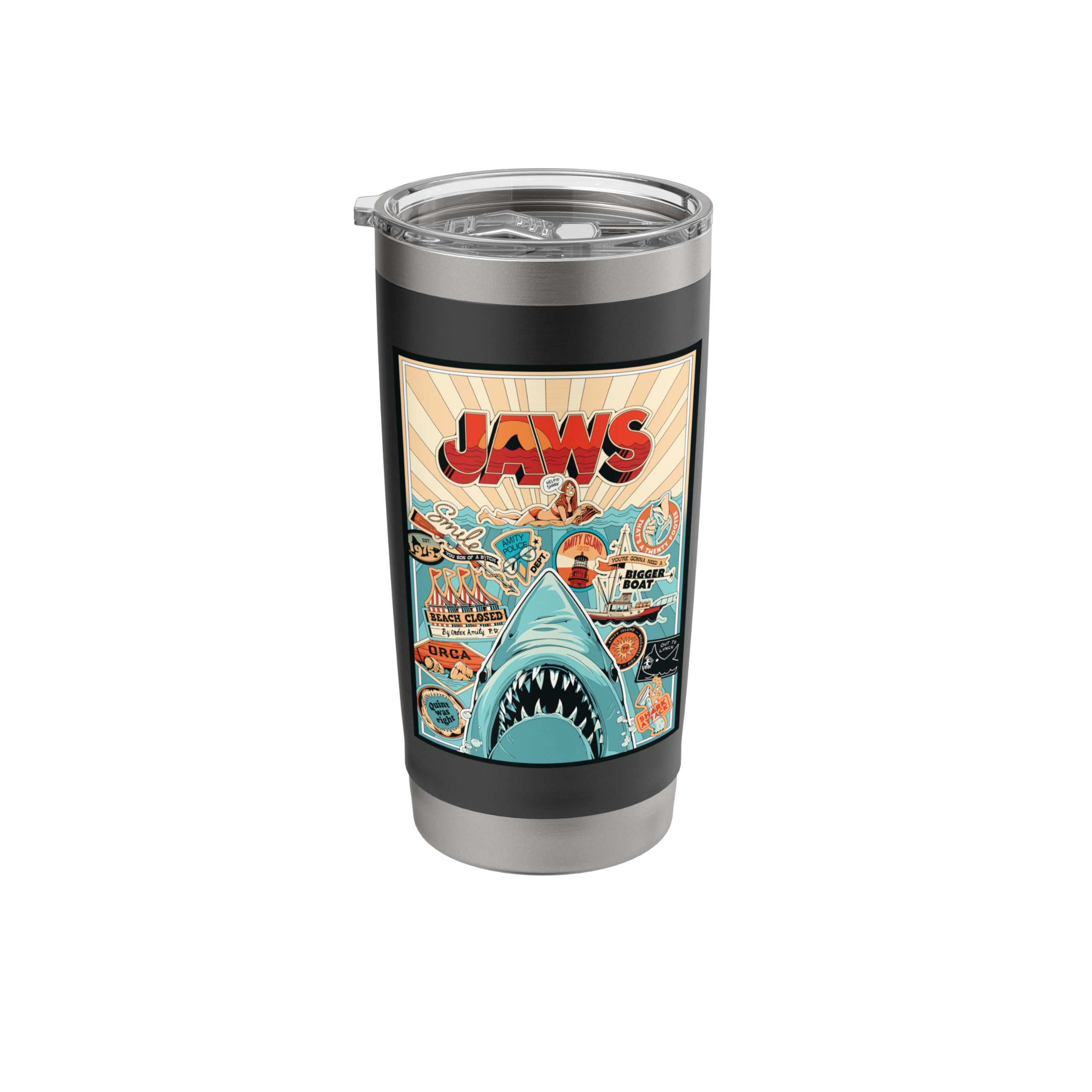 Jaws 50th Anniversary Poster Amity Sticker Collage 2-Sided Stainless Steel Insulated Tumbler
