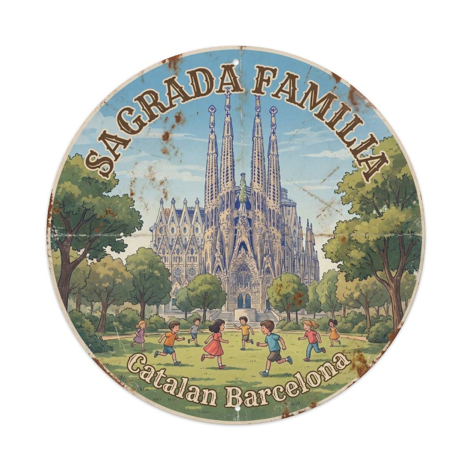 Barcelona Catalan Basilica Landmark Vintage Spain Travel Metal Tin Sign Plaque Wall Decor for Cafe, Man Cave, Club Bar, Office, Home Garden Round Metal Poster 8x8Inch