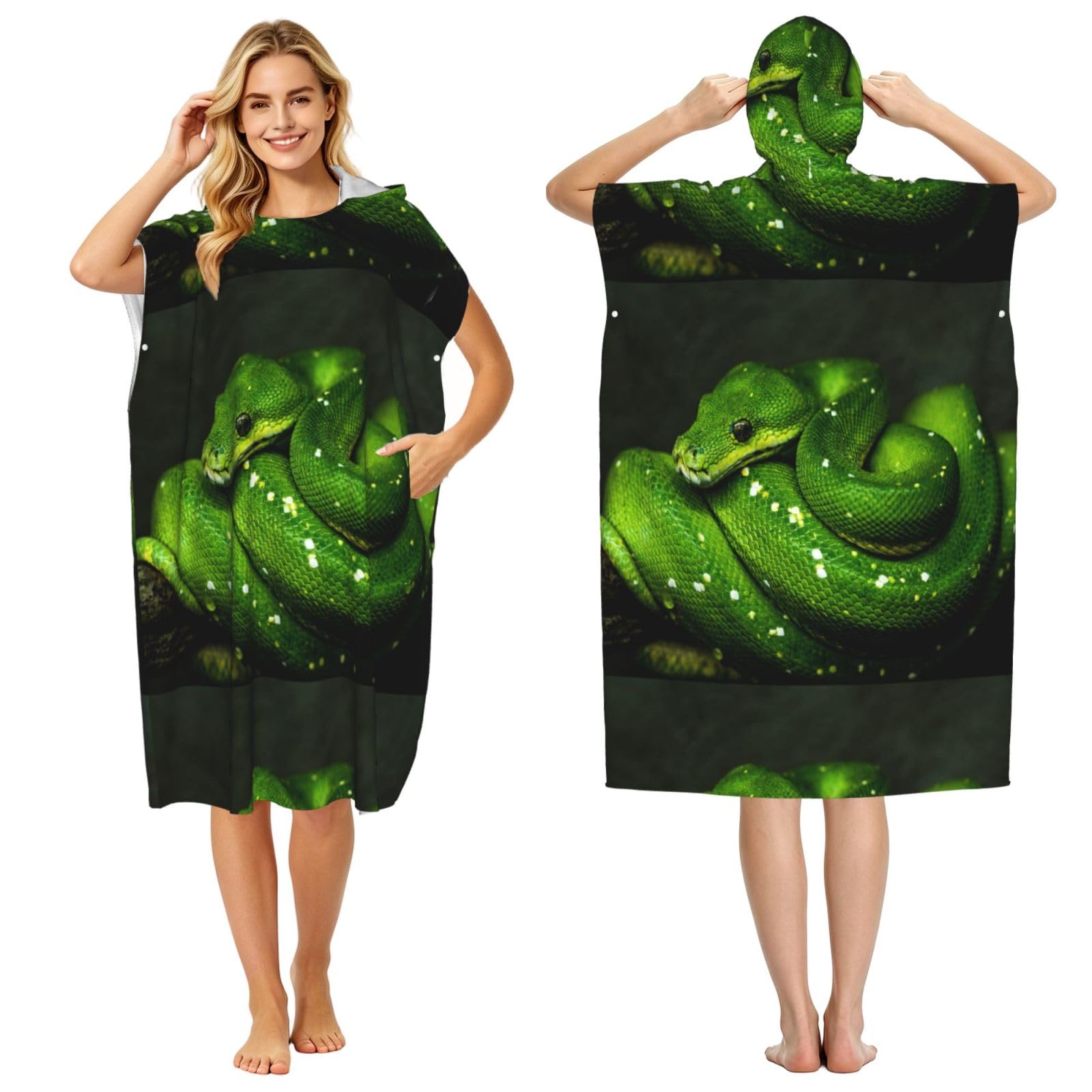 Poadnly Snake Green Reptile, Adult Hooded Beach Towel 90 x 110 cm,Changing Bath Robe, Surf Poncho Towel For Women Men