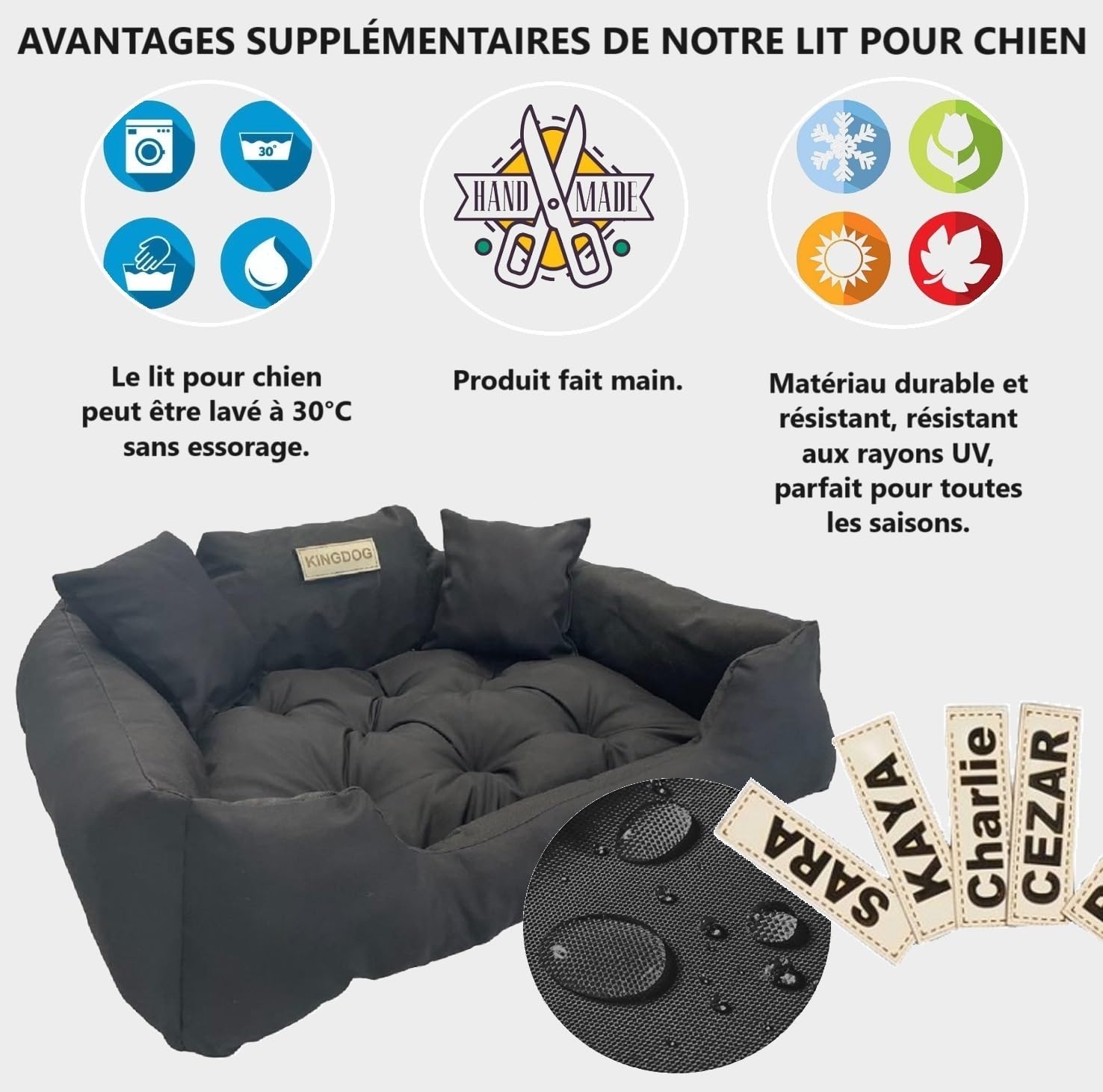 KING DOG Lit pour Grands Chiens L 100x75 Noir | Personnalisé - Nom du Chien | Coussin Imperméable | Canapé Adapté au Lavage | Moelleux, Douillet et Super Doux | Made in EU