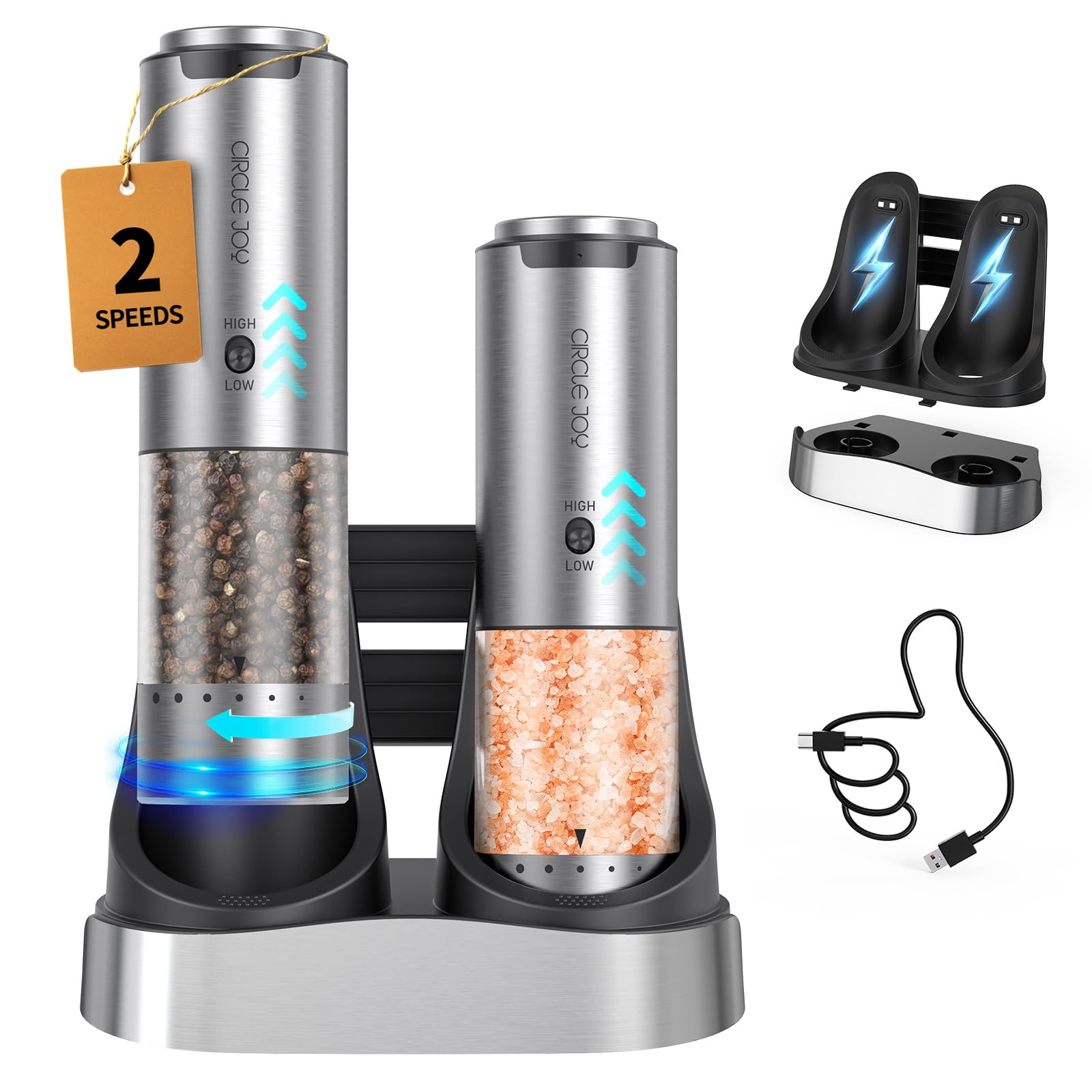 CIRCLE JOY Wiederaufladbares Elektrische Salz und Pfeffermühle 2er Set aus Edelstahl mit 2-in-1 Ladestation, 95ml Behälter, Weißem LED-Licht, Extern Einstellbare Rauheit und 2 Schleifgeschwindigkeiten