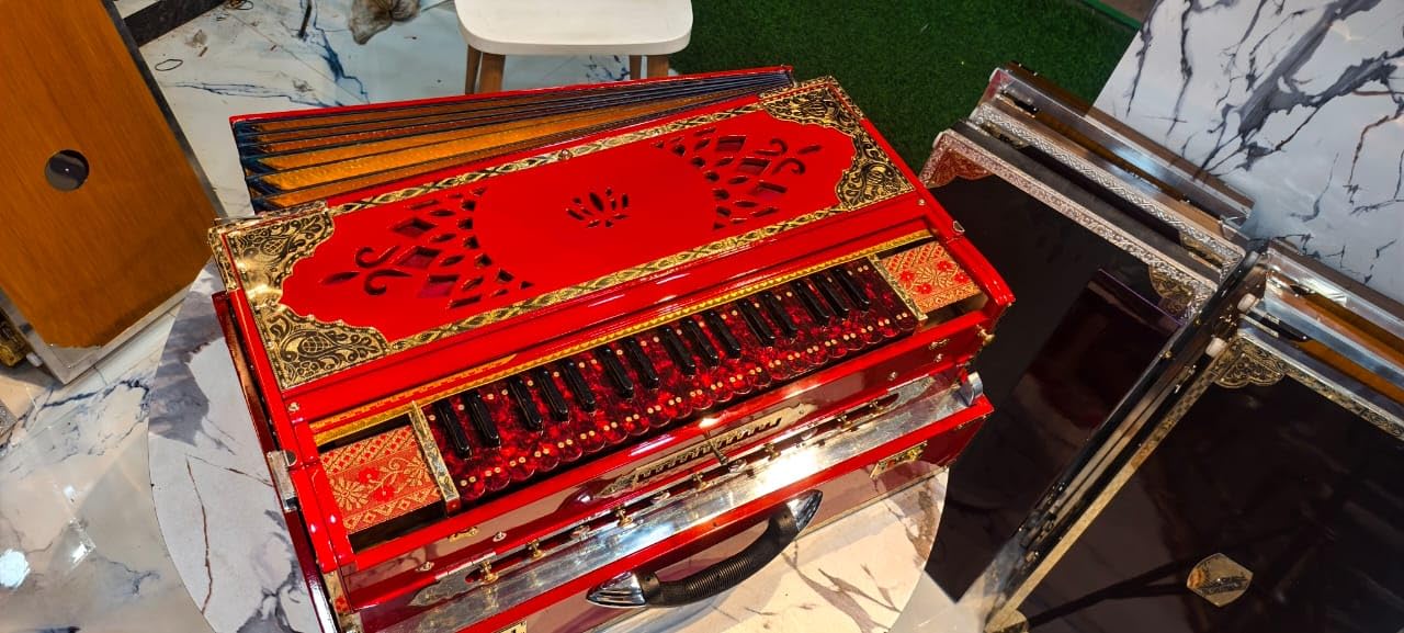 NamasteHimalayas Limited 4- Reed 13-Scale Professional Scale Changer Harmonium – Customised Rare Red Edition with Premium Brass Finish Best for Kirtan, Bhajan, Meditation, Sound Healing Therapy