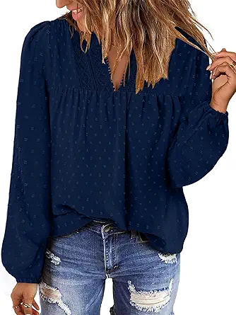 BETTE BOUTIK Women Boho Long Sleeve Shirts Dressy Casual V Neck Fall Fashion Tops Swiss Dot Flowy Blouses