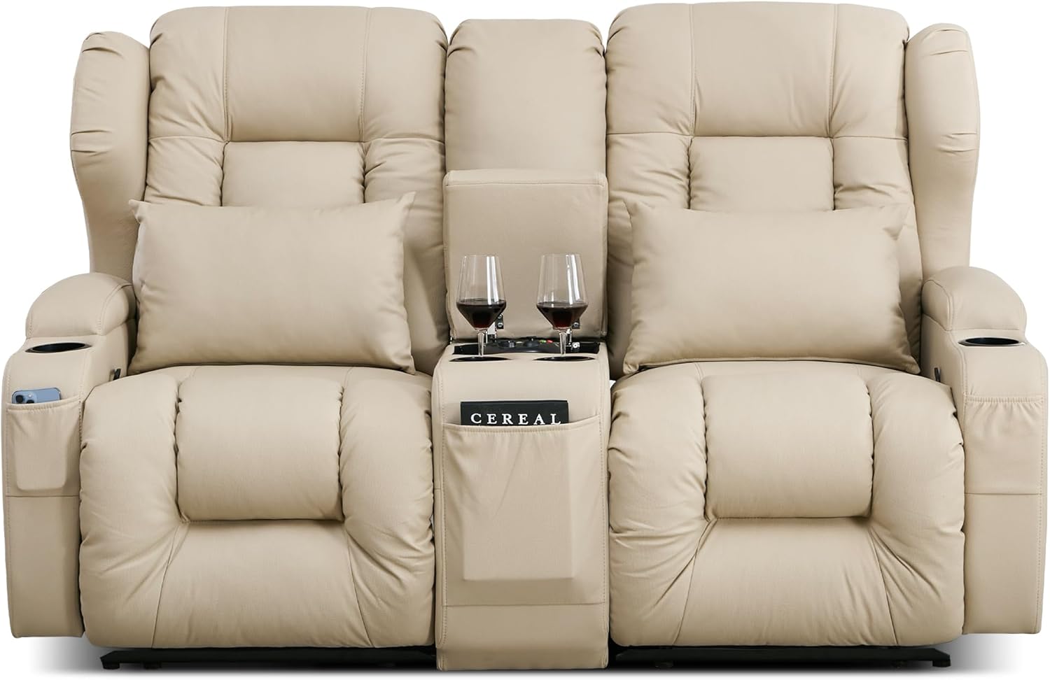 DRMBOOK RV Loveseat Recliner Sofa, Double Wall Hugger Reclining Couches, Manual Reclinable Movie Seating 2 Person Recliner for Travel Trailer (Leathaire Beige, 2 Seater with Standard Console)