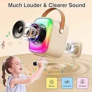 PHNIXGAM Mini Karaoke Machine with Two Wireless Microphones, Portable Bluetooth Speaker for Adults and Kids, Karaoke Microphone with LED, Speaker Supports for TF Card/USB, AUX in (Beige)