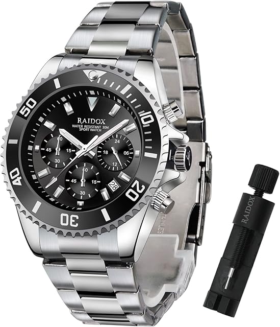 RAIDOX Wrist Watch for Men Neutra Analog Chronograph Quartz Watch Show Date Stainless Steel Strap, Formal and Casual Mens Watches Waterproof Anti-Rust, with Watch Link Removal Tool and Gift Box