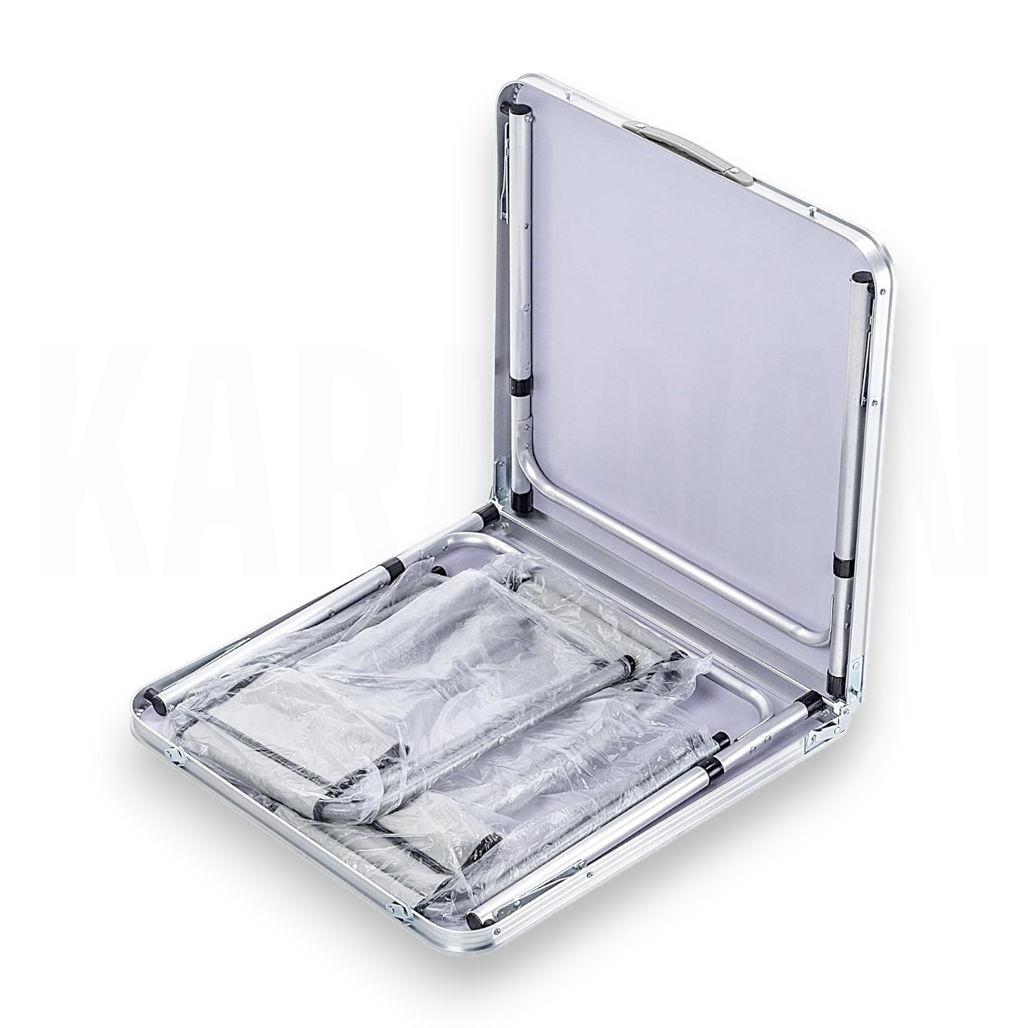 Genérico Mesa Plegable con 4 Sillas de Camping, Aluminio, 120x60x70 cm, Portátil, Rectangular, Gris y Plateado, Resistente a la Corrosión