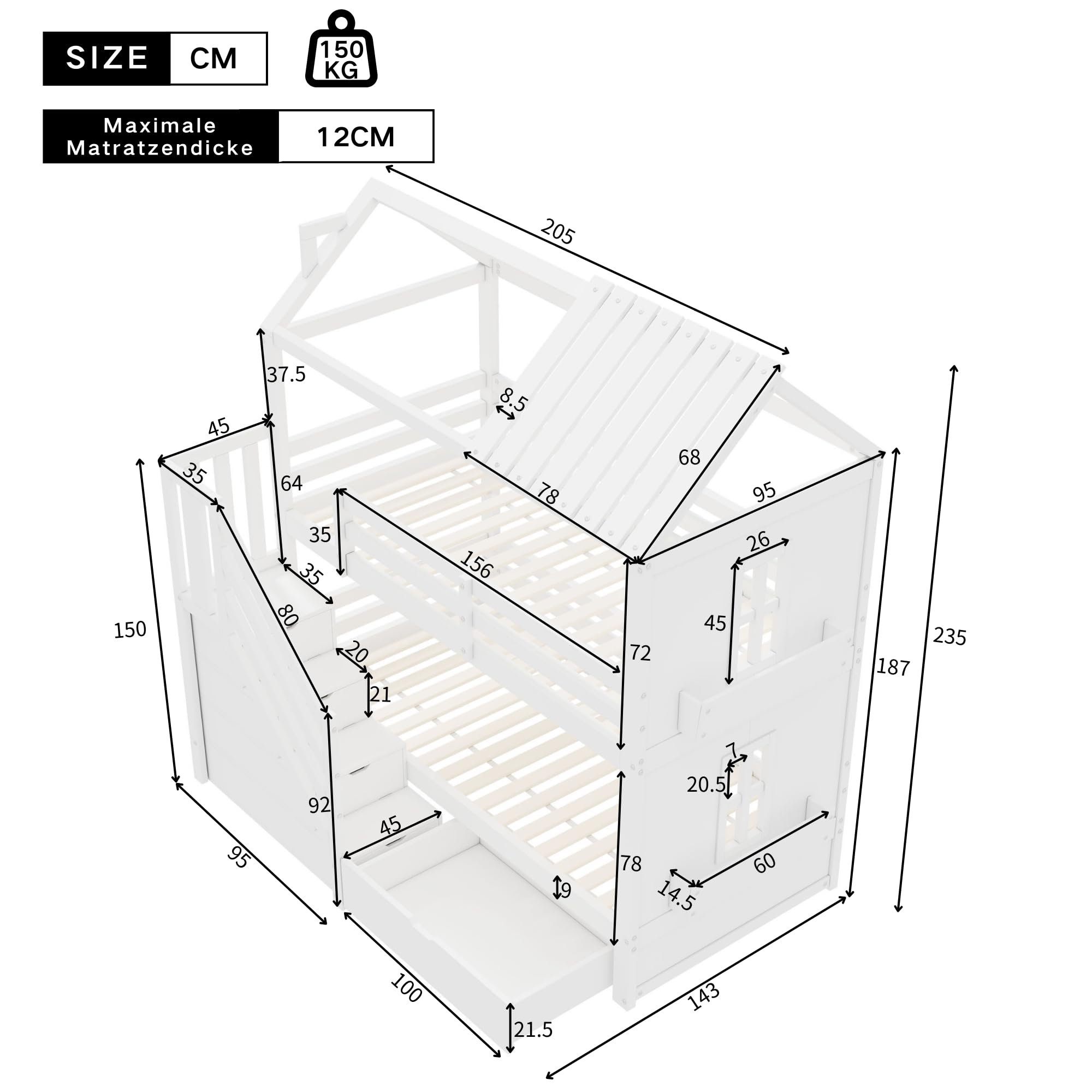 Dolamaní Letto a castello per 2 bambini, 90 x 200 cm, letto per fratelli con scale e cassetti e mensole, extra grande, legno di pino (bianco)