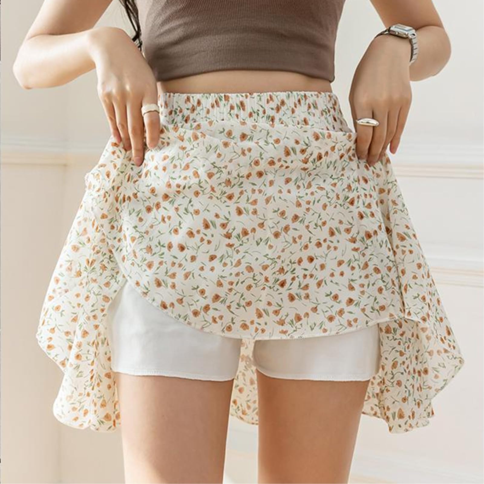 Damen Tennisrock Floral A-Linie Minirock Mit Shorts, Damenbekleidung, Slim Fit, Casual Chiffon Plissertennisrock-beige-l